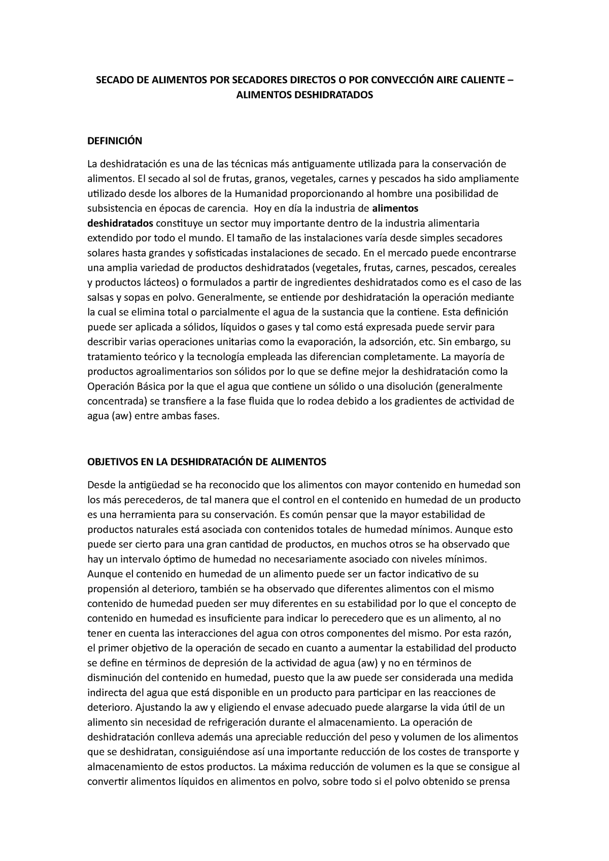 SECADO DE ALIMENTOS POR SECADORES DIRECTOS O POR CONVECCIÓN AIRE