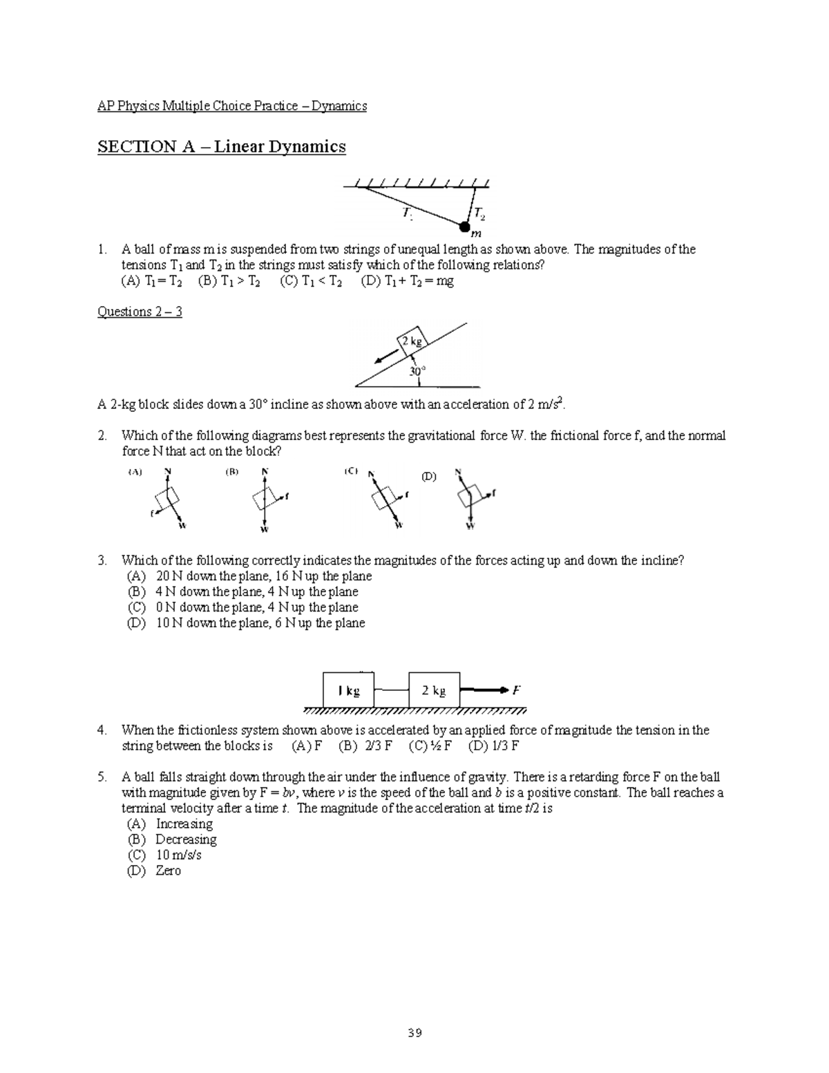 Worksheet Physics 1 #5 - AP Physics Multiple Choice Practice – Dynamics ...