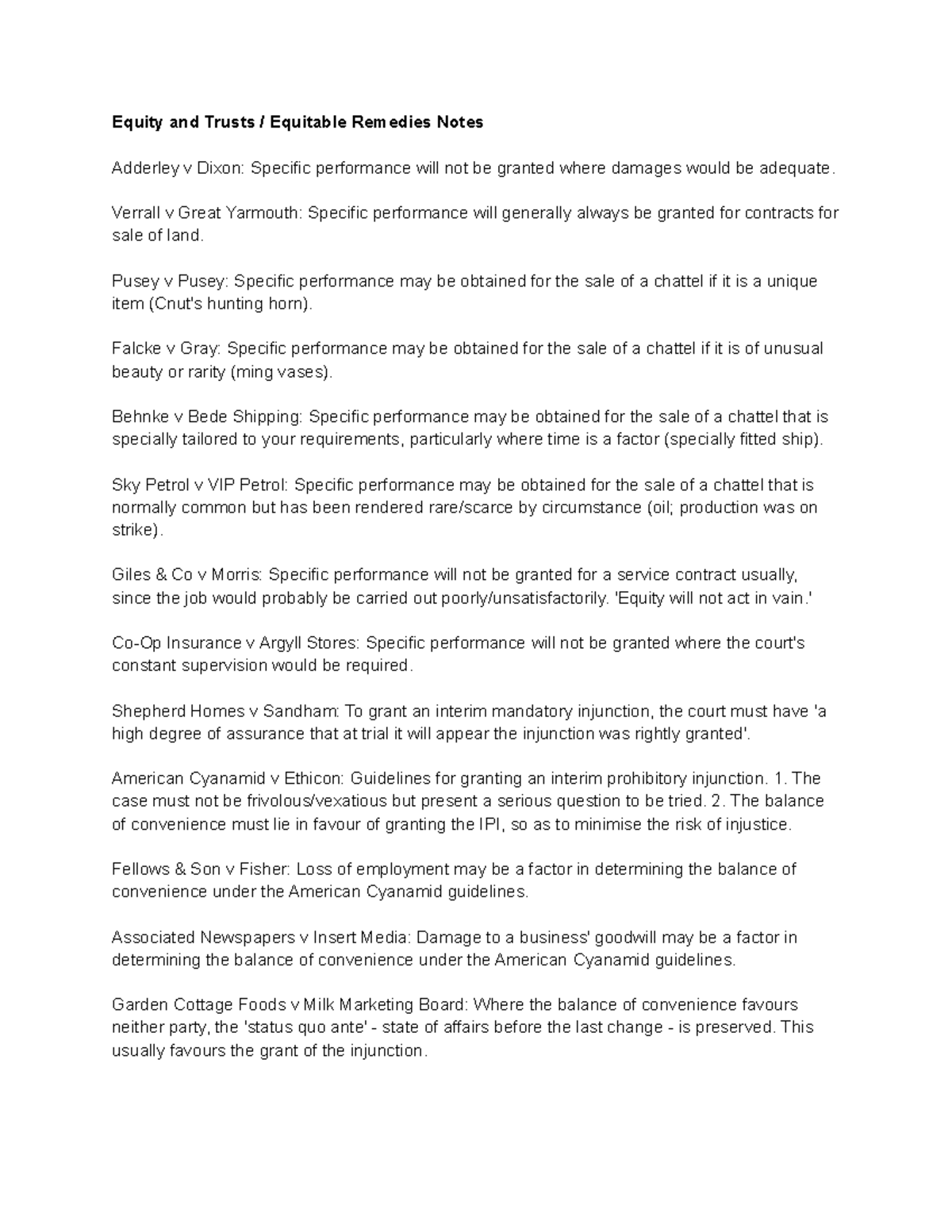 Equity and Trusts Equitable Remedies Notes - Equity and Trusts ...
