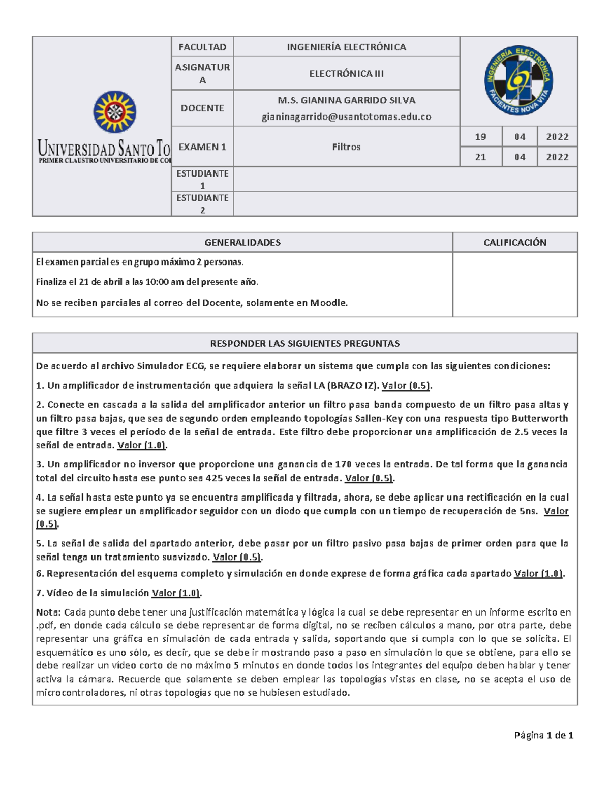 Examen Exa Pgina De Facultad Ingenier A Electrnica Asignatur A Electrnica Iii