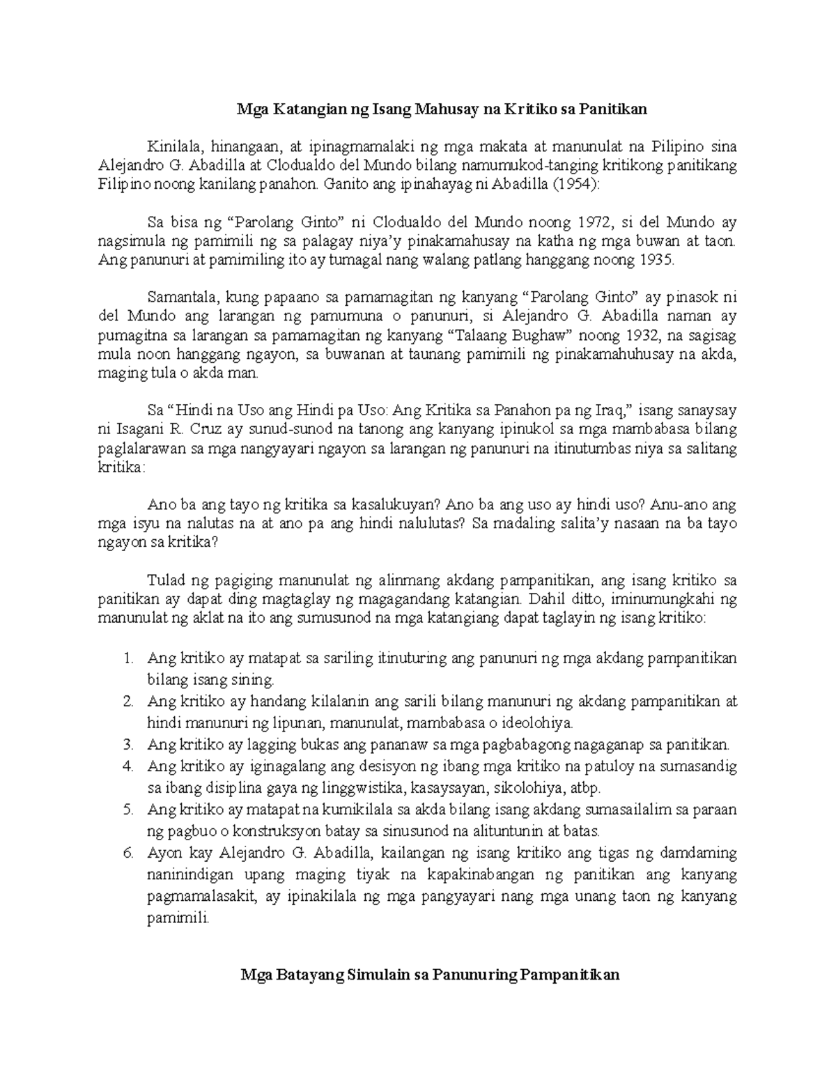 Mga Katangian ng Isang Mahusay na Kritik - Abadilla at Clodualdo del ...