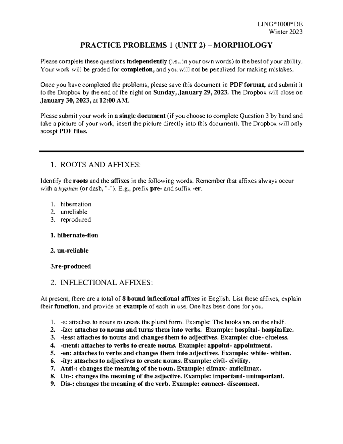 LING 1000 DE Practice Problems 1 (Unit 2) - Morphology pdf - LING1 00 ...