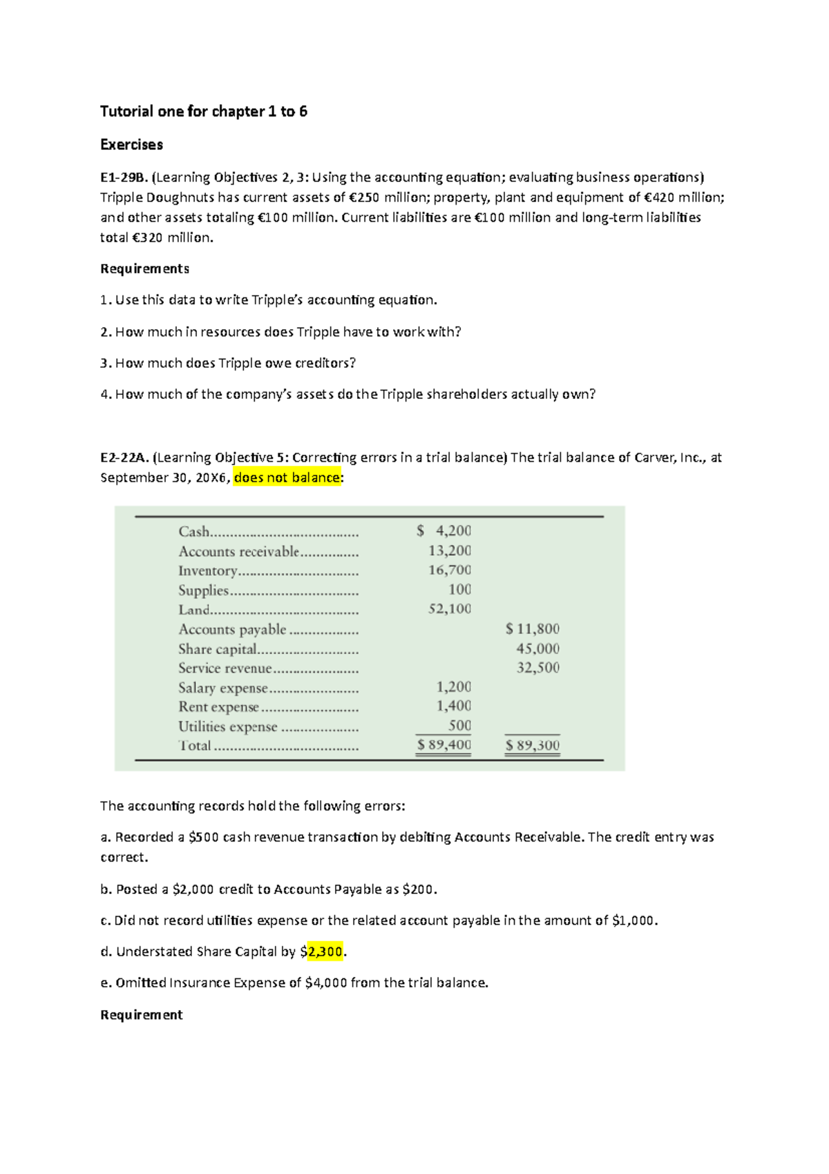 Tutorial 1 Questions for chapter 1 to 6 - Tutorial one for chapter 1 to ...
