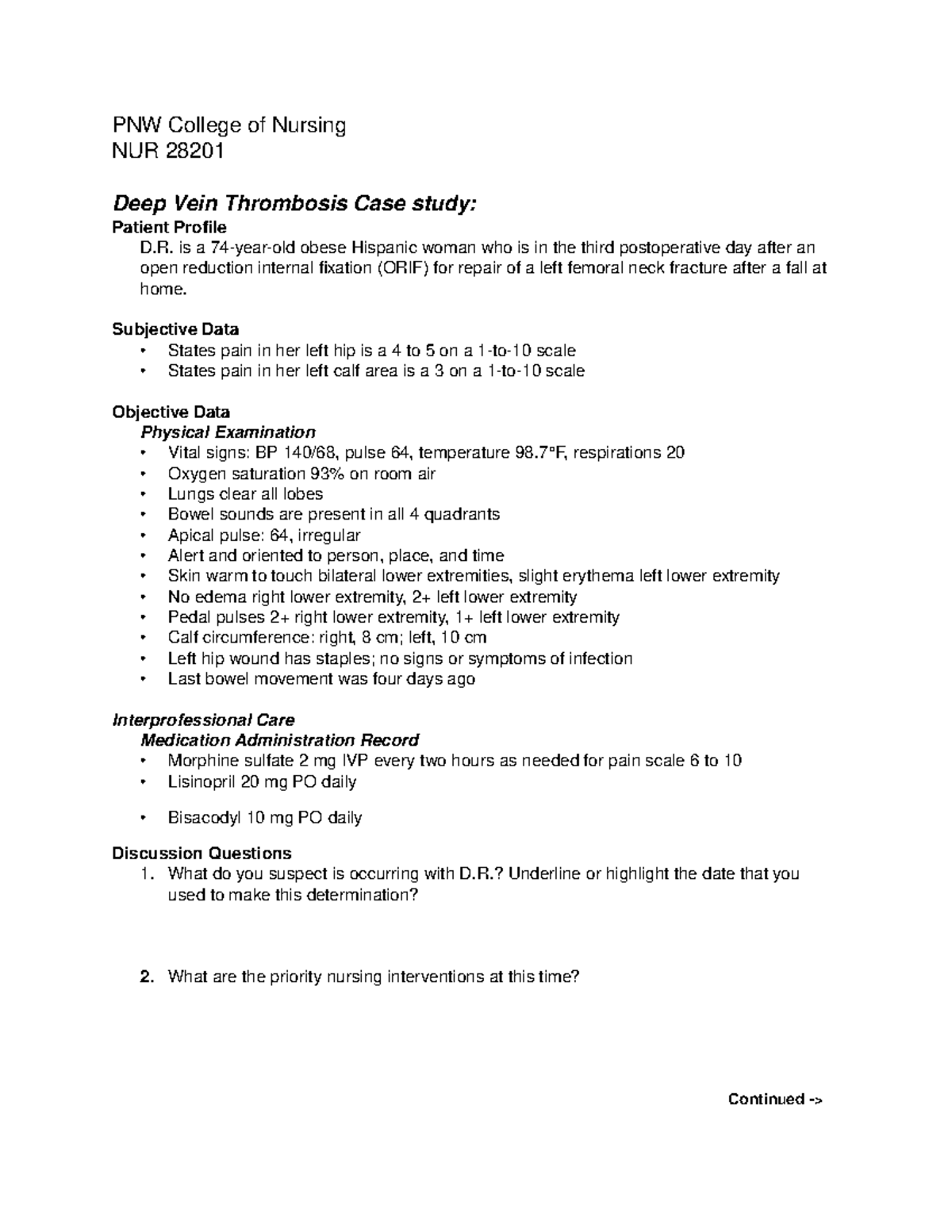 Ch 37 Deep Vein Thrombosis case study - PNW - Studocu