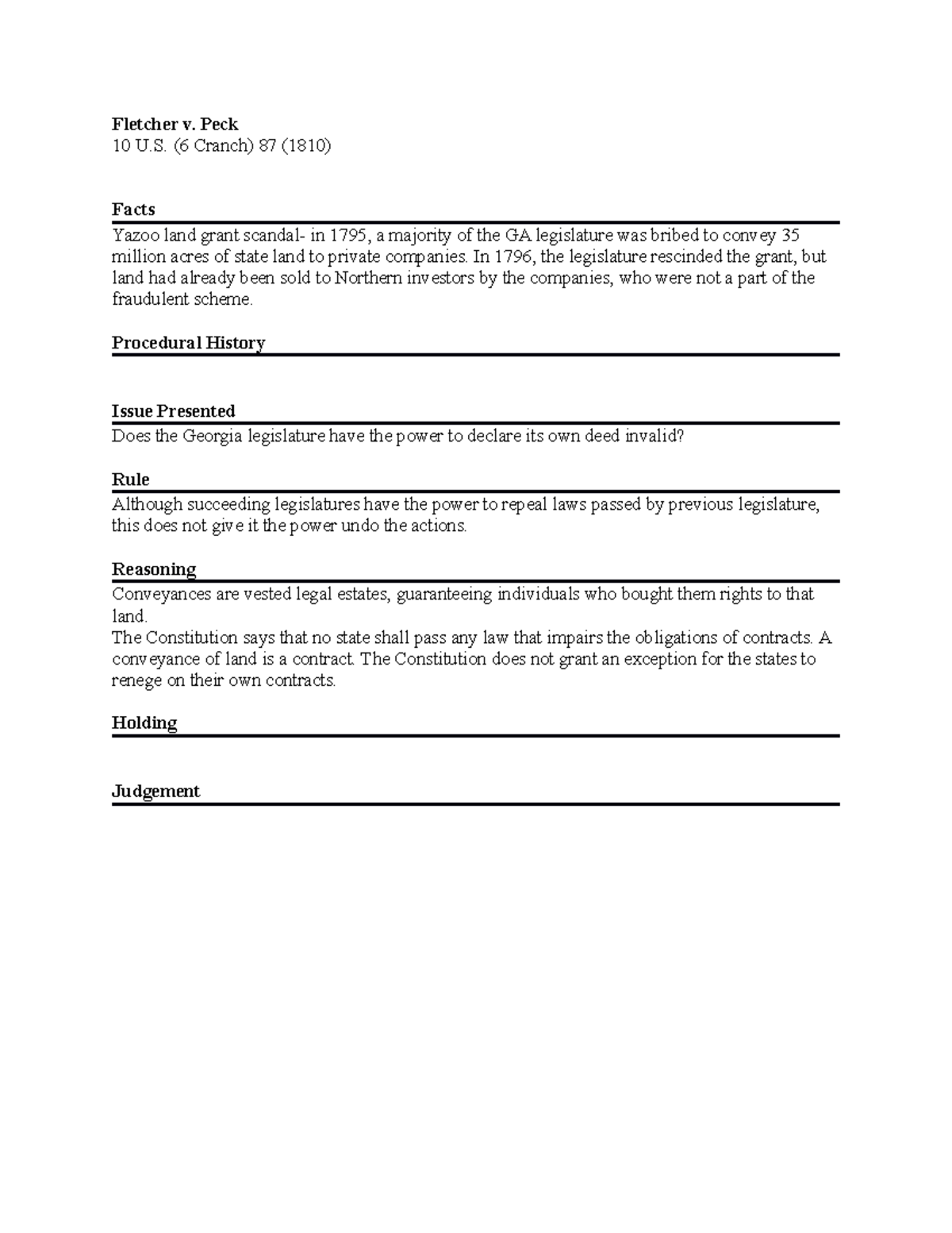 Fletcher v. Peck Case brief Fletcher v. Peck 10 U. (6 Cranch) 87