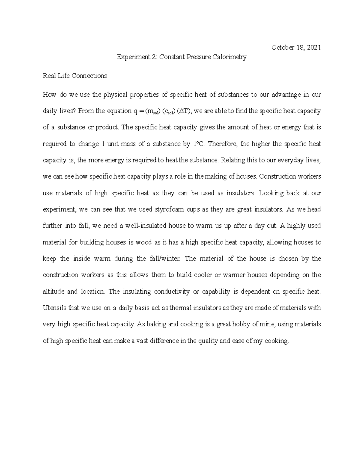 Constant Pressure Calorimetry Real Life Connections October 18