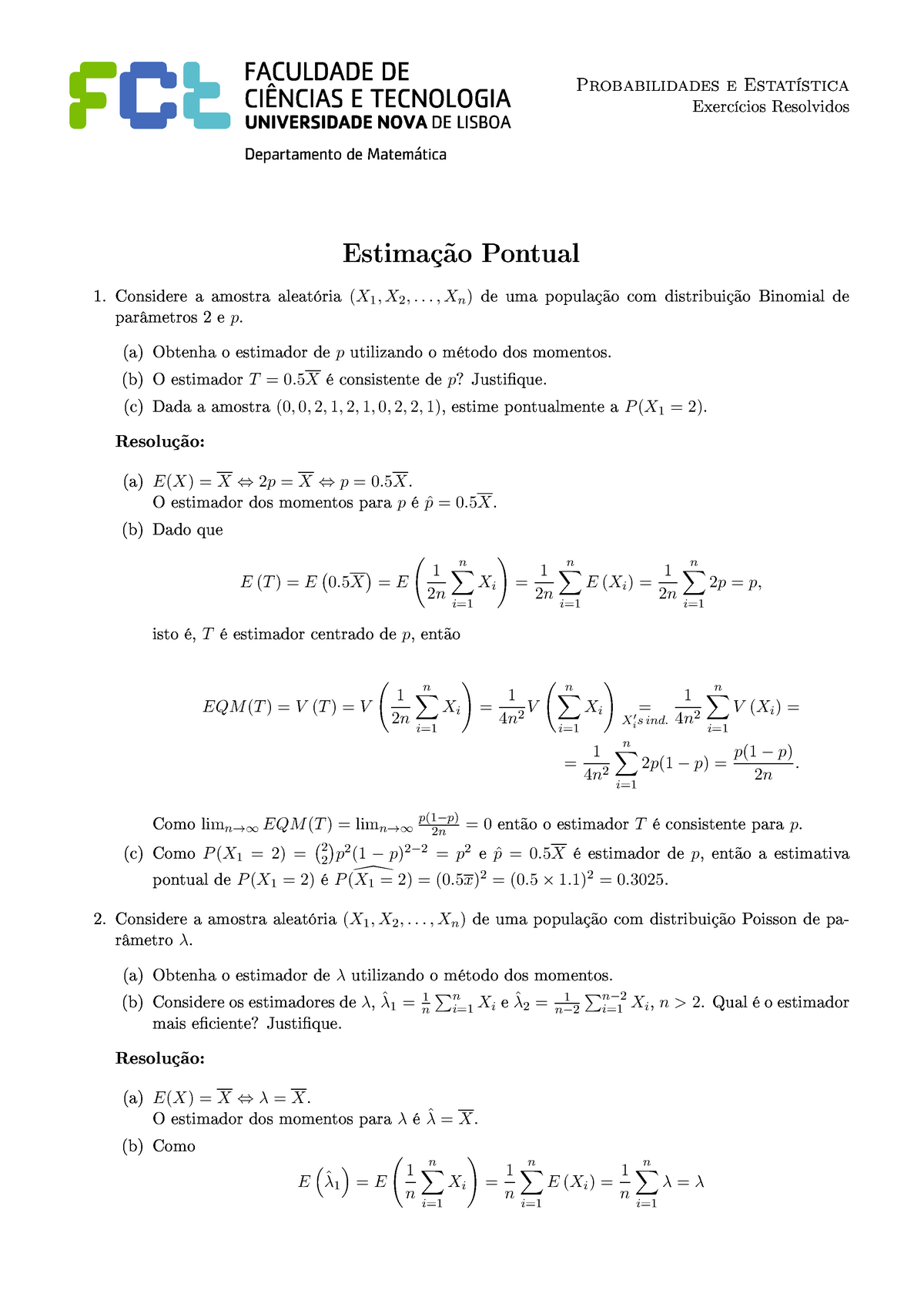 Exer Res Estimacao Pontual Probabilidades Estat Stica Exerc Cios Resolvidos Estima Pontual Considere Amostra Aleat Ria X1 X2 De Uma Popula Com Studocu