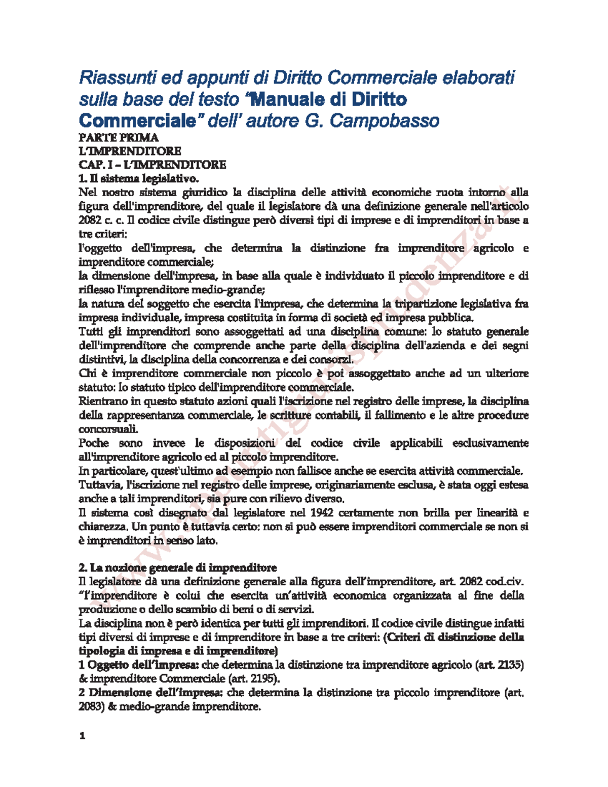 Campobasso - Riassunto Diritto Commerciale - Diritto Dell’impresa Vol.1 ...