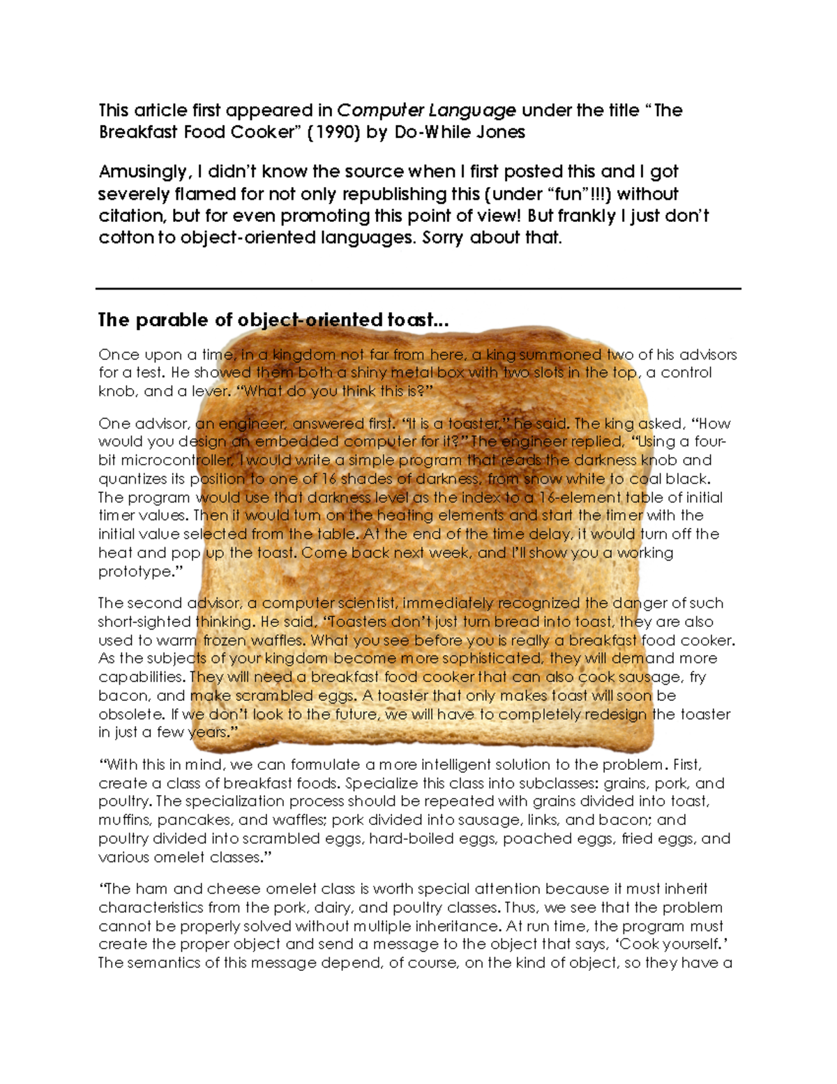 Parable Of The Kings Toaster This article first appeared in Computer