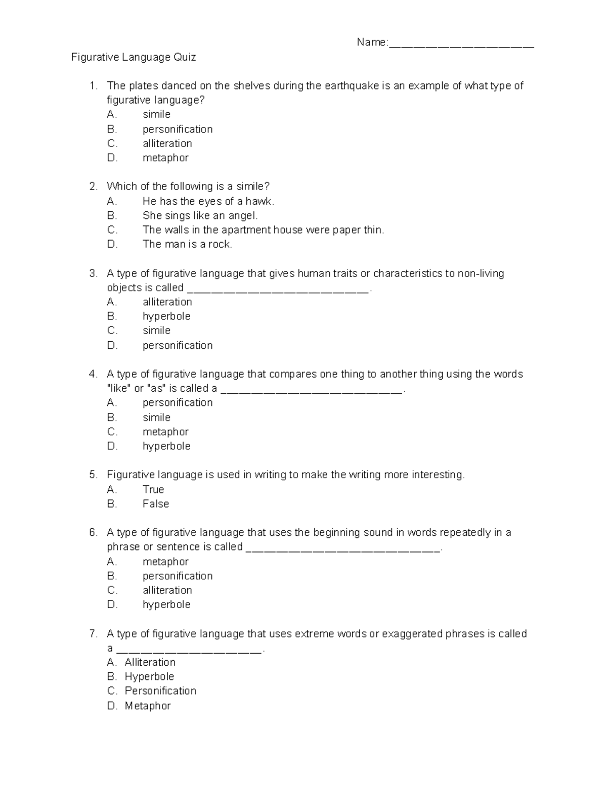 Figurative Language Quiz - Name:________________________ Figurative ...