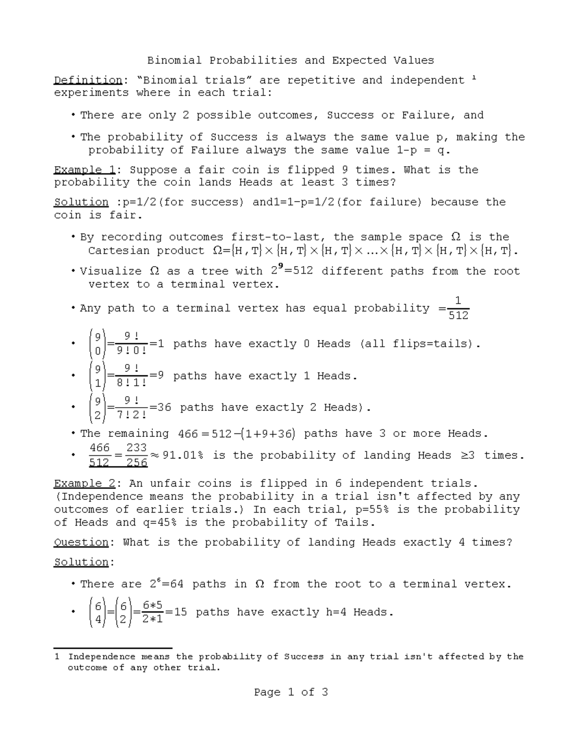 Binomial Probabilities and Expected Values Binomial Probabilities and