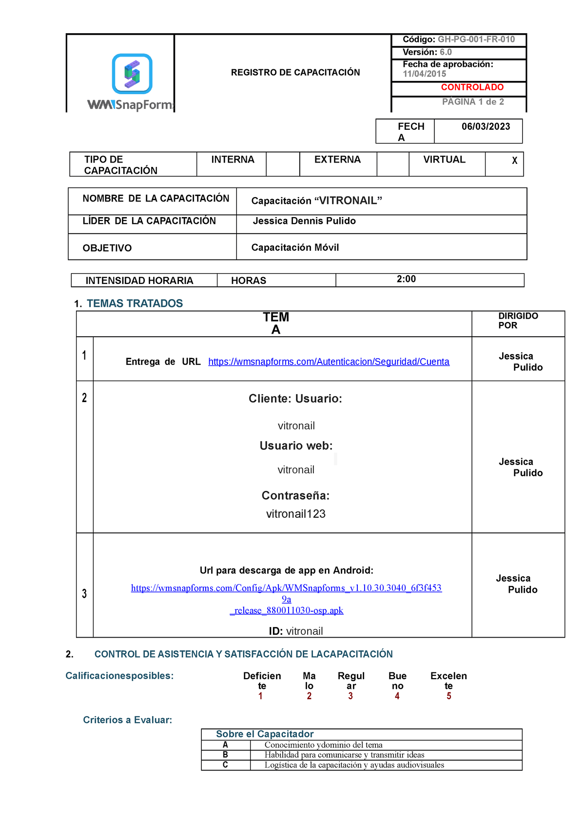 Acta De Capacitación Snap Vitronail Registro De CapacitaciÓn Código Gh Pg 001 Fr Versión 6 5694