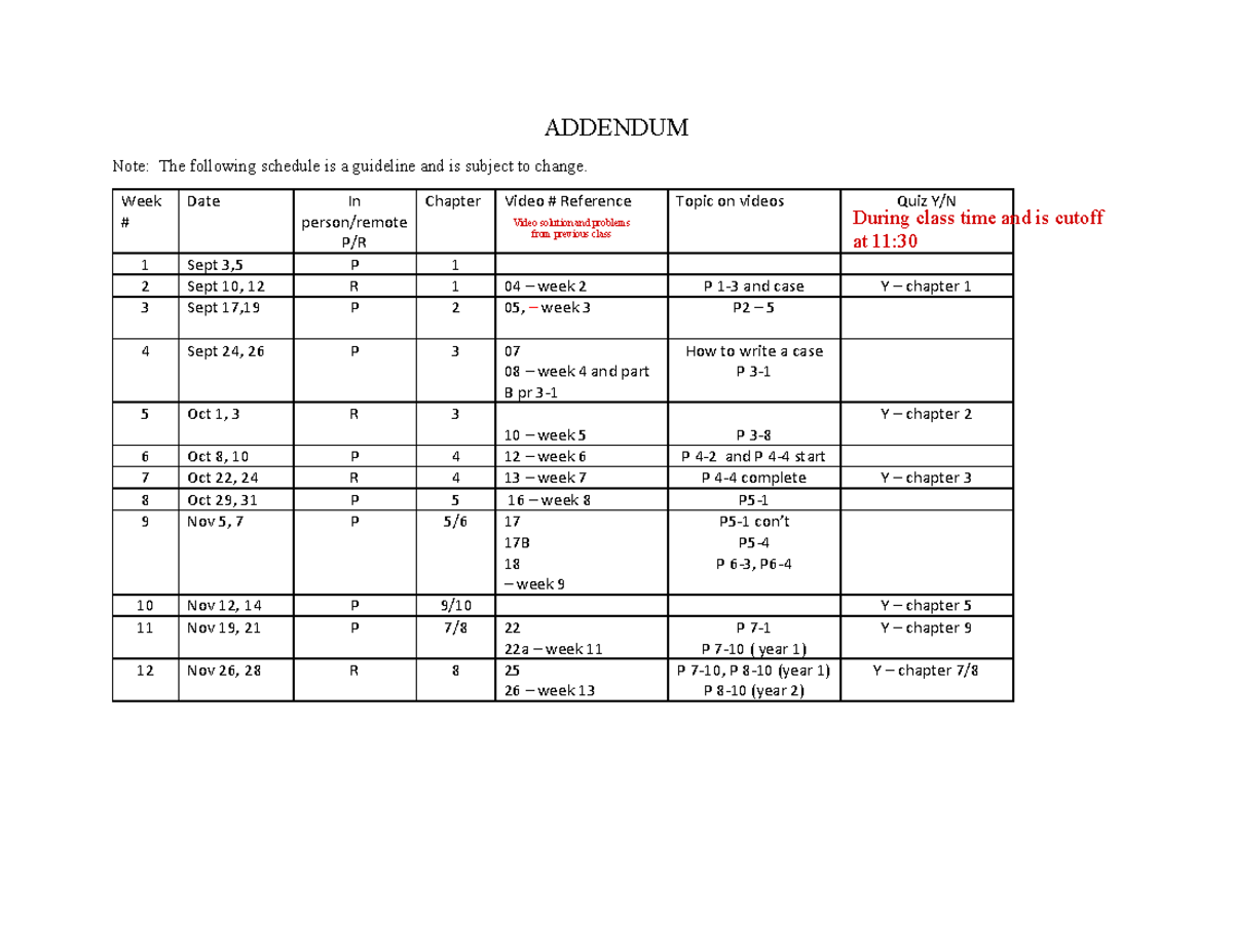 Schedule - ADDENDUM Note: The following schedule is a guideline and is ...