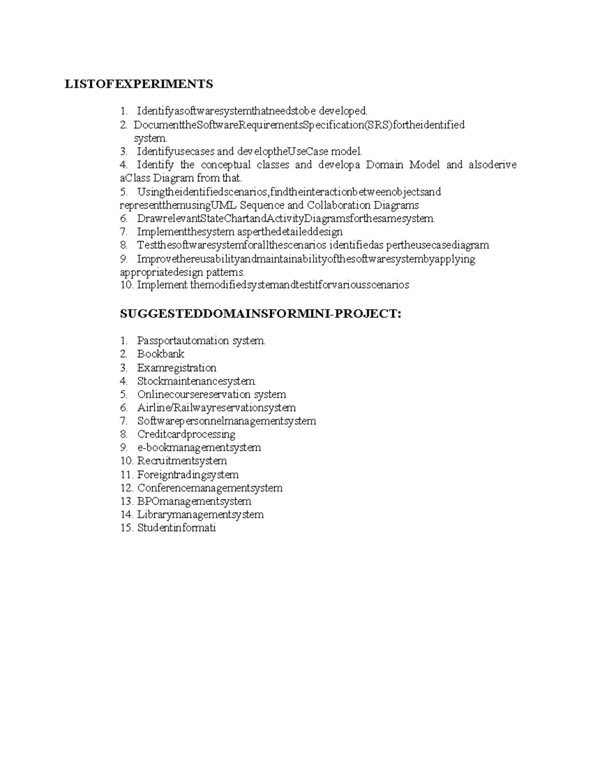 OOAD REC - LISTOFEXPERIMENTS 1. Identifyasoftwaresystemthatneedstobe ...