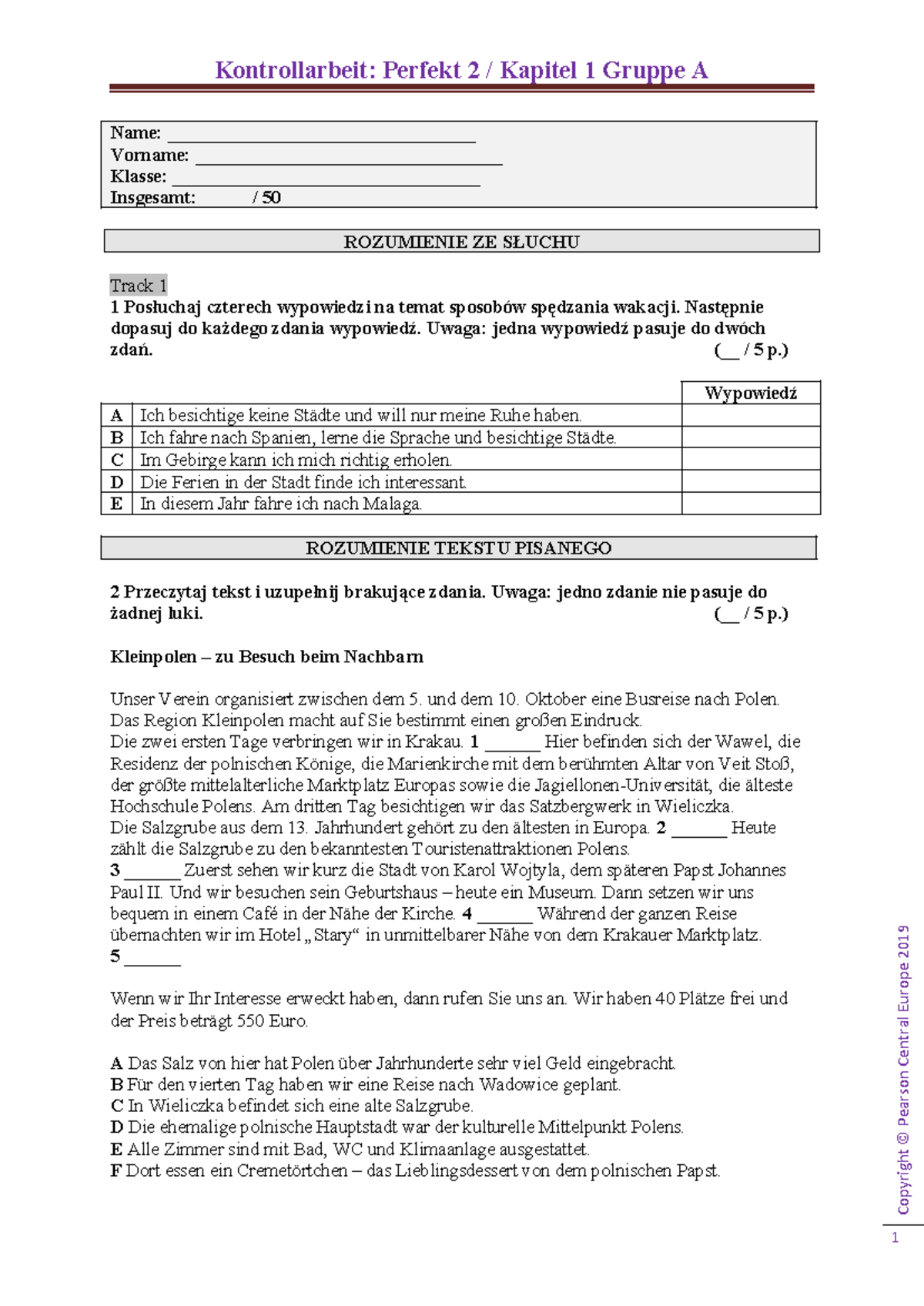 Sprawdzian Kontrollarbeit Kapitel 2 Mitlinks 1