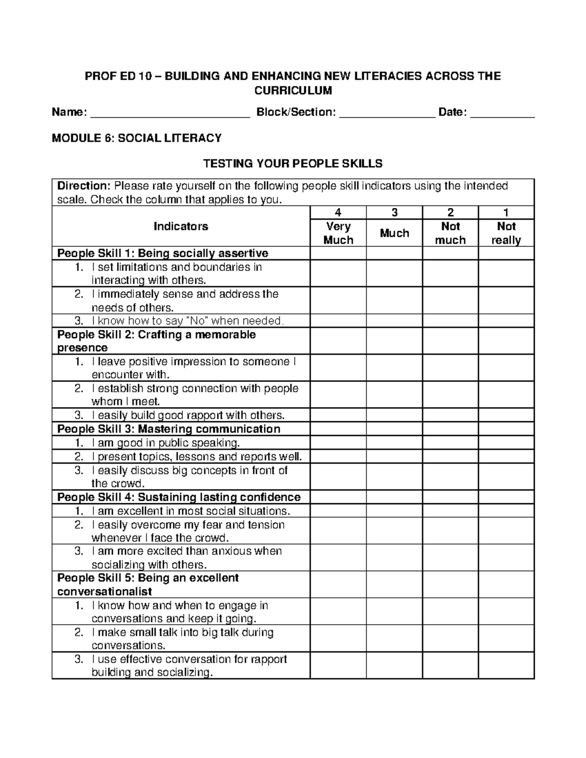 People Skills Checklist - PROF ED 10 – BUILDING AND ENHANCING NEW ...