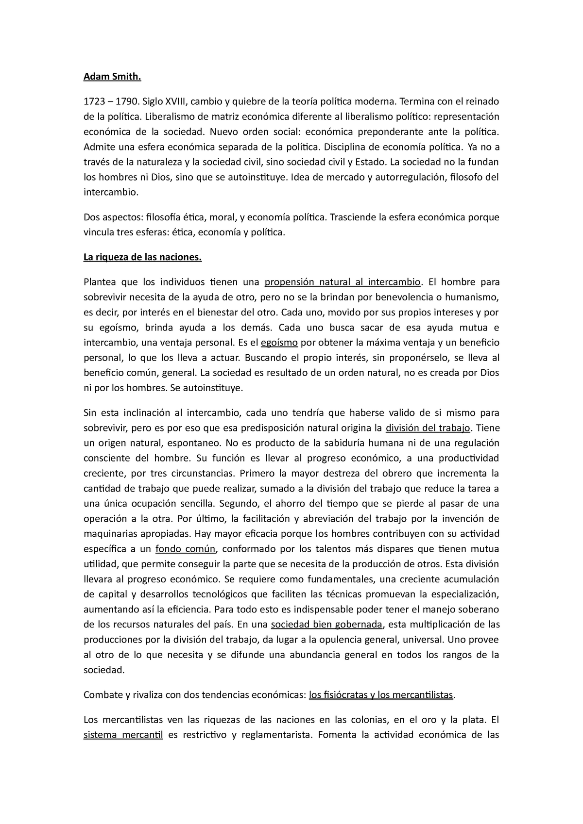 Resumen Smith Unidad 2 - Adam Smith. 1723 – 1790. Siglo XVIII, cambio y ...