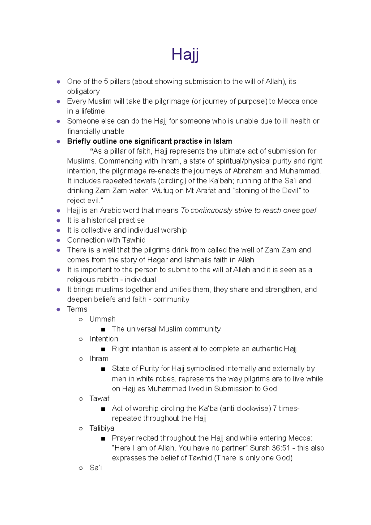 Notes - Hajj - Hajj One of the 5 pillars (about showing submission to ...