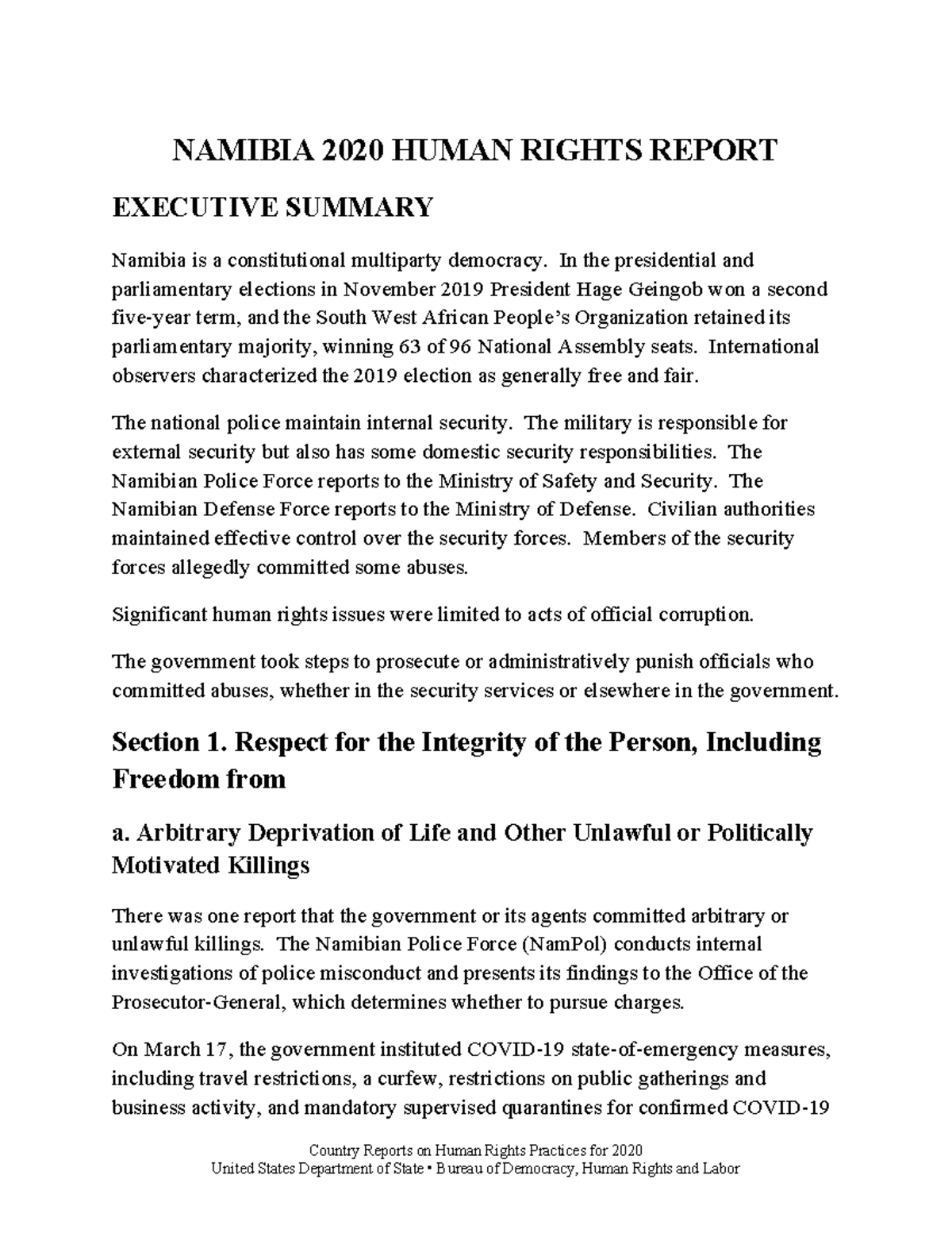 Namibia 2020 Human Rights Report - Country Reports on Human Rights ...