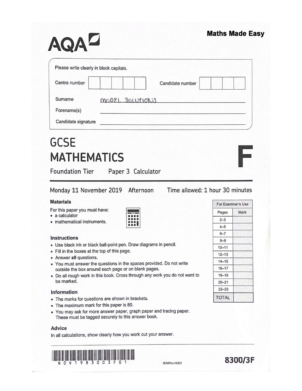 AQA GCSE Maths Foundation November 2019 Paper 3 2 - Maths Made Easy AQA ...