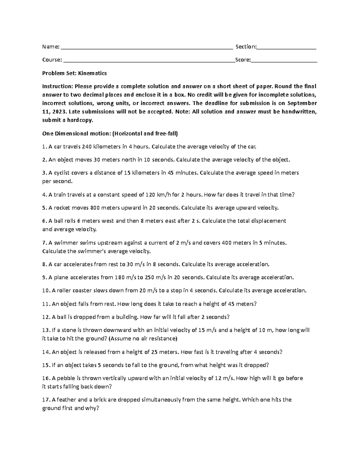 Problem 20Set2028Kinematics 2920updated - Name: Section: Course: Score ...