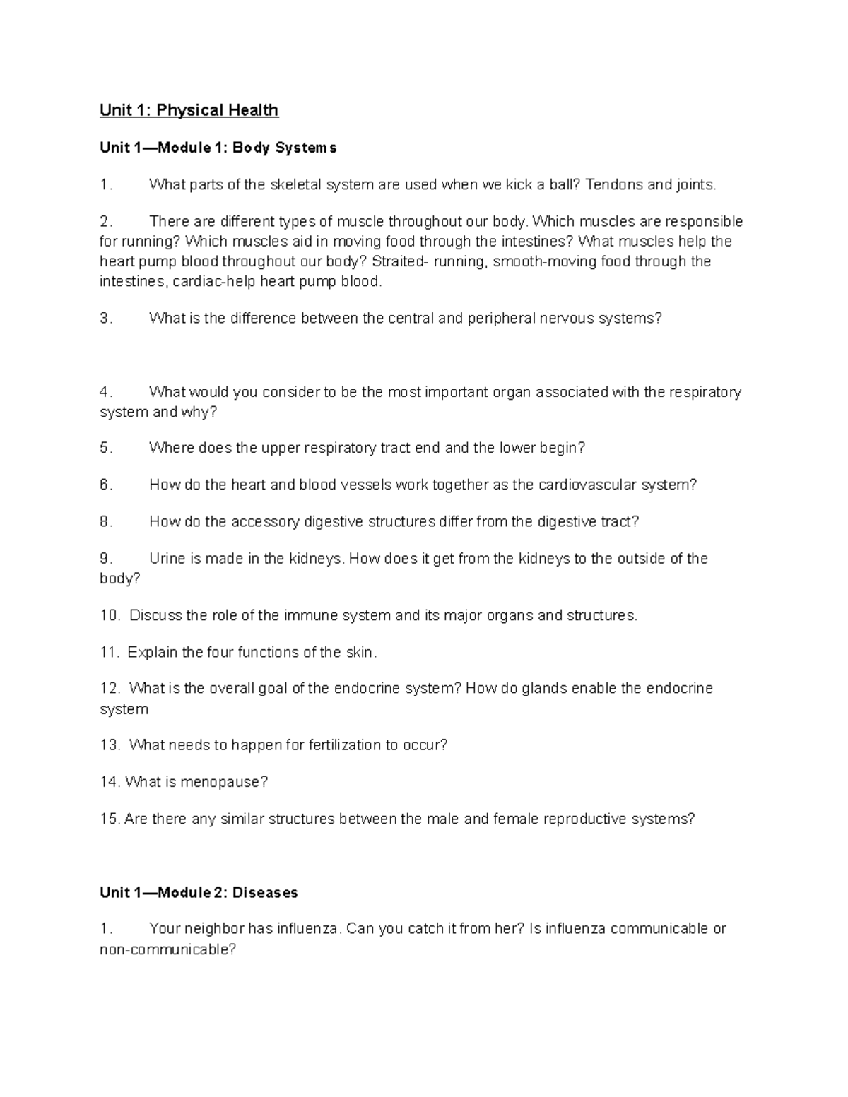 Health Study Questions - Unit 1: Physical Health Unit 1—Module 1: Body ...