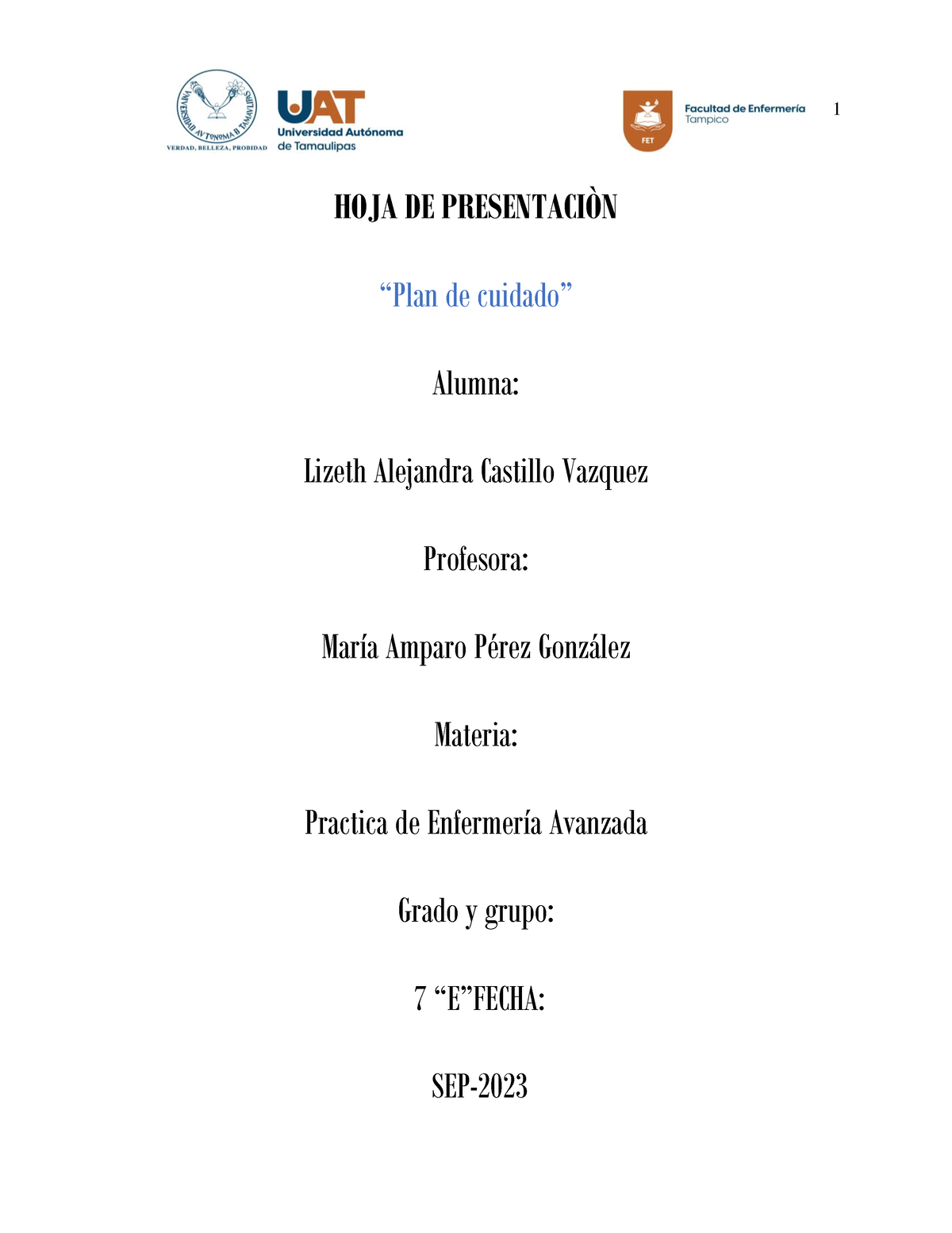 Plan de cuidado - HOJA DE PRESENTACIÒN “Plan de cuidado” Alumna: Lizeth ...