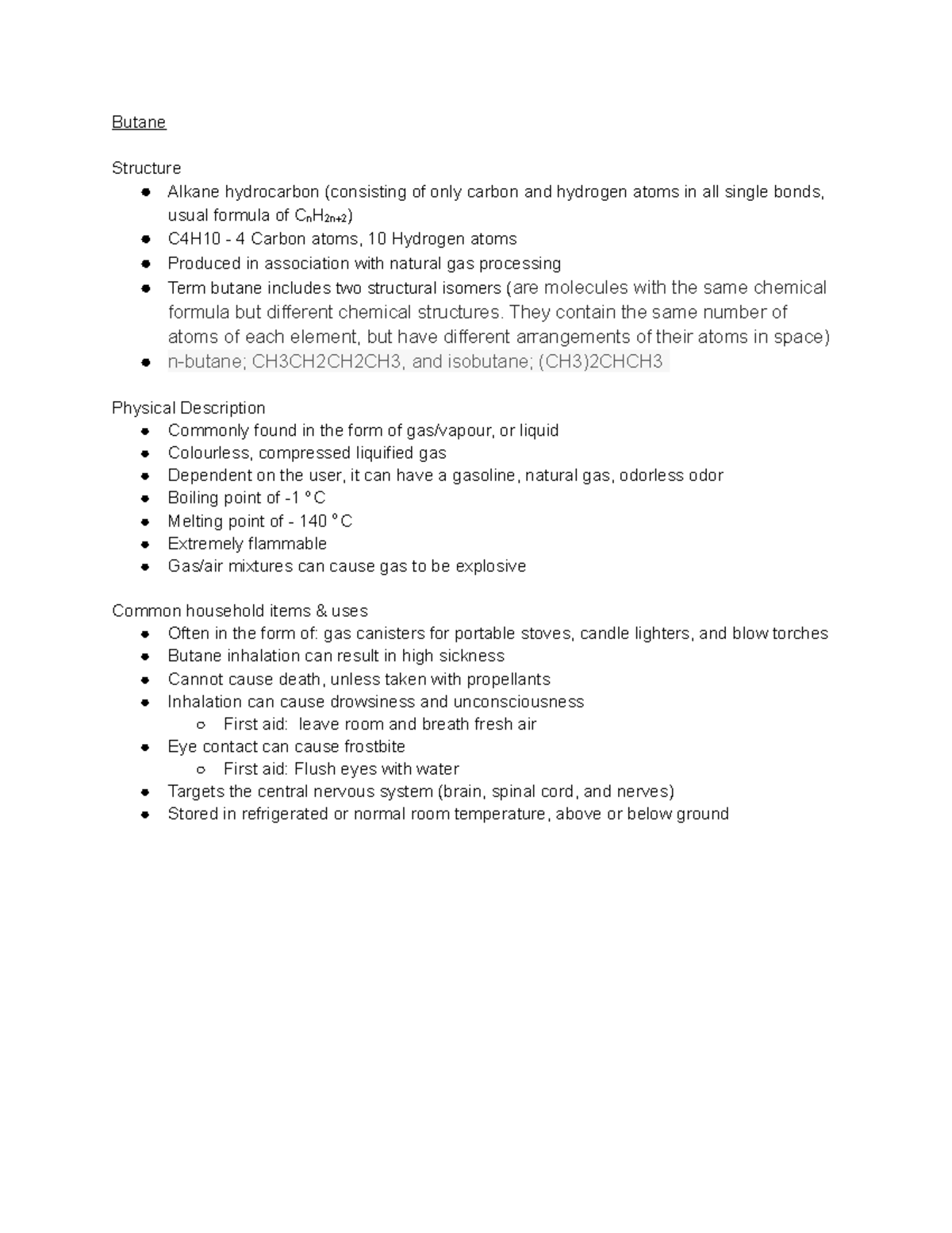 Butane - Notes - Butane Structure Alkane hydrocarbon (consisting of ...