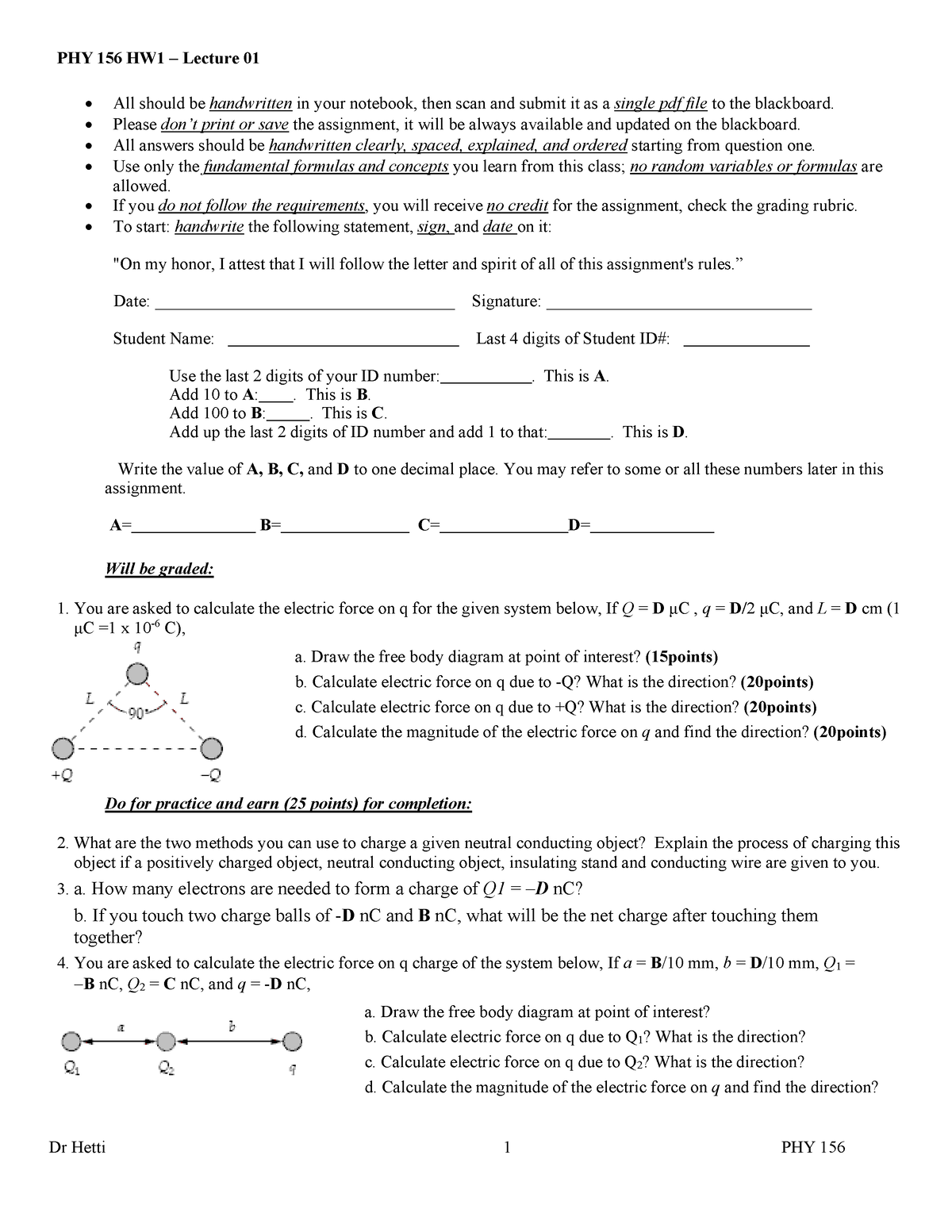 HW1 - Homework - PHY 156 HW1 Lecture 01 E All Should Be Handwritten In ...