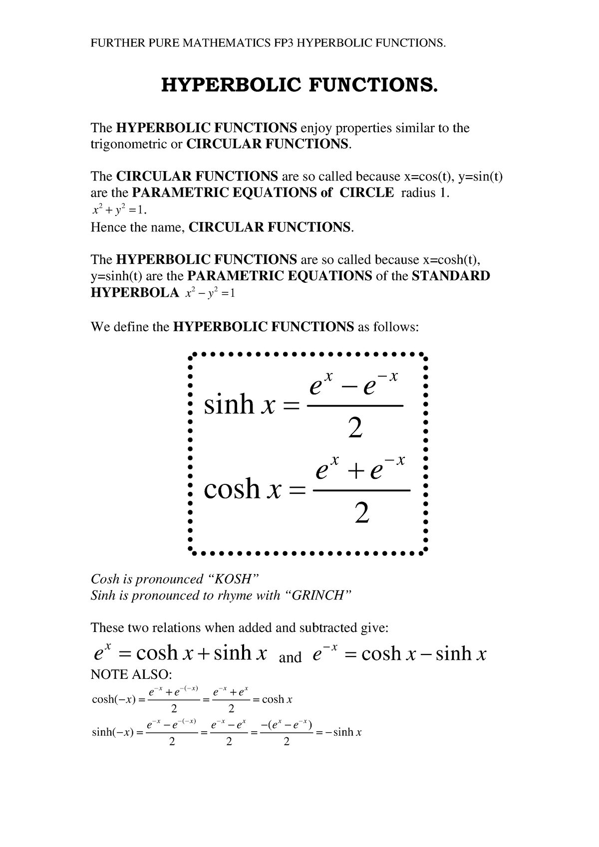 Hyperbolic+ Functions+PDF - HYPERBOLIC FUNCTIONS. The HYPERBOLIC ...