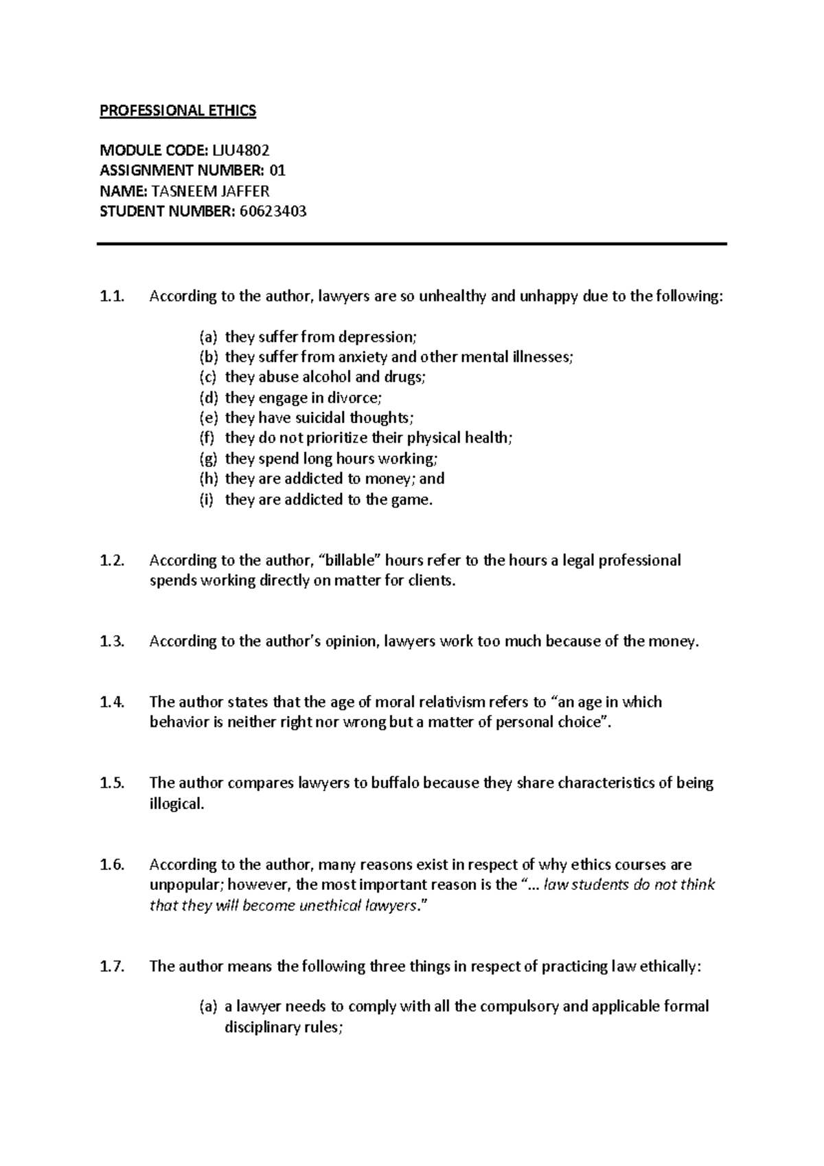 Lju4802 Assignment 01 Mandatory Assignment Professional Ethics Module