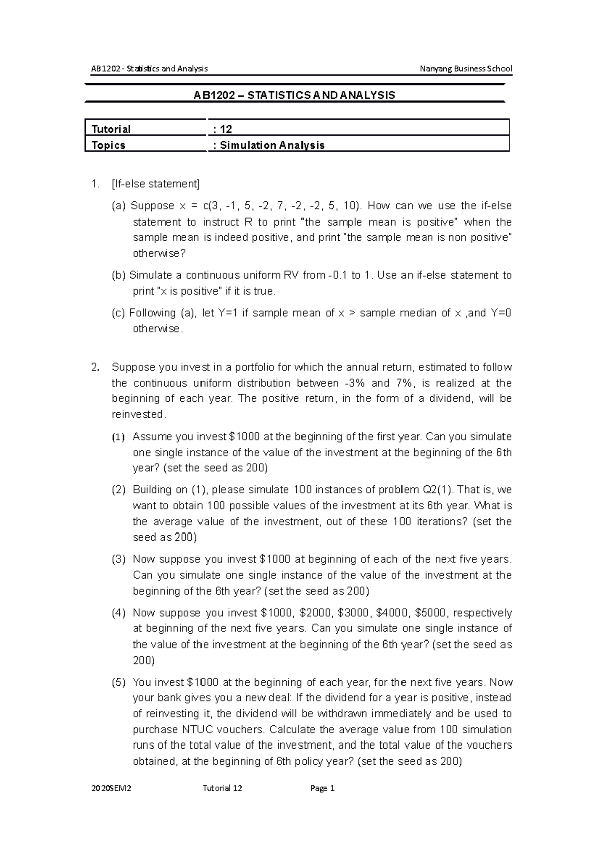 Questions Week 12 1 Asdfgh AB1202 Statistics And Analysis 