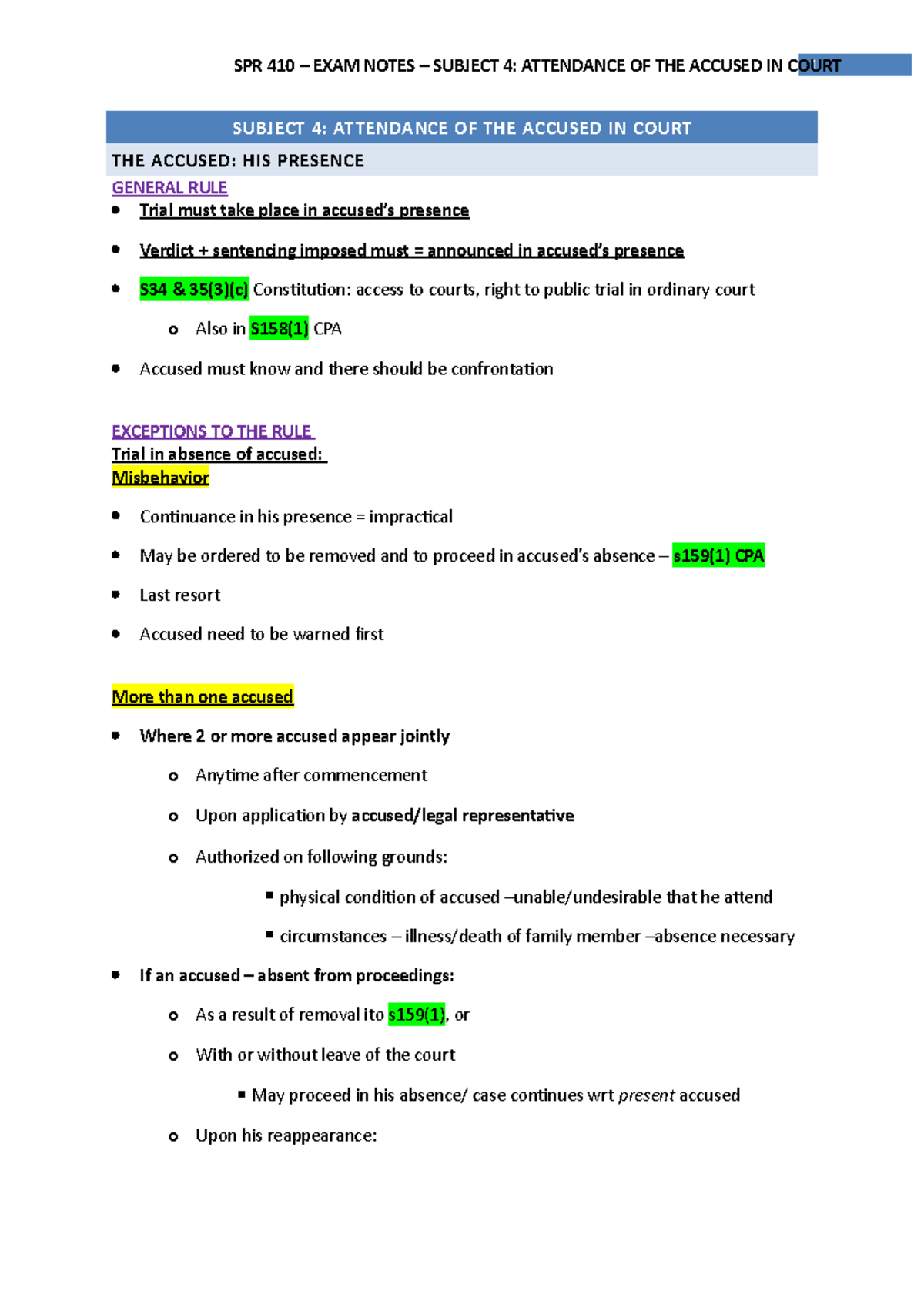 Exam notes on criminal procedure - SUBJECT 4: ATTENDANCE OF THE ACCUSED ...