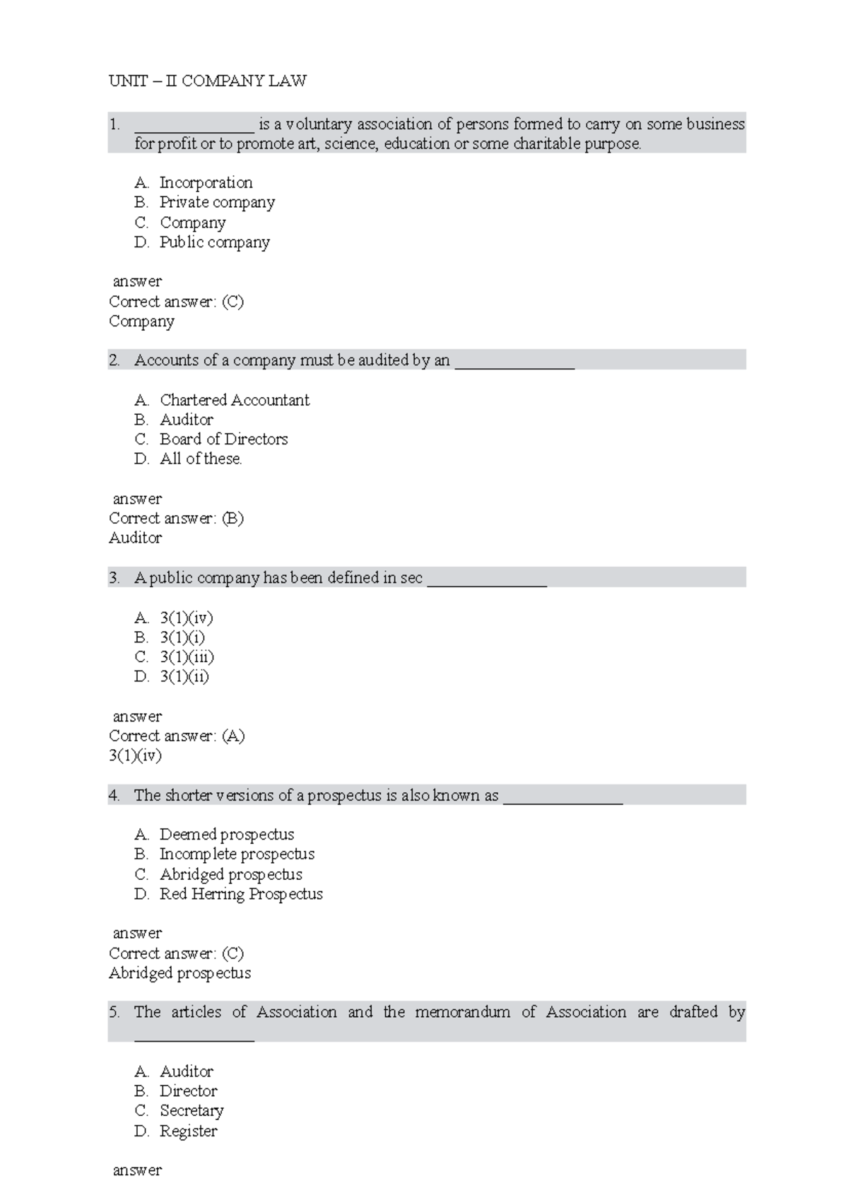 LAB MCQS REV. UNIT 2 mcq questions UNIT II COMPANY LAW