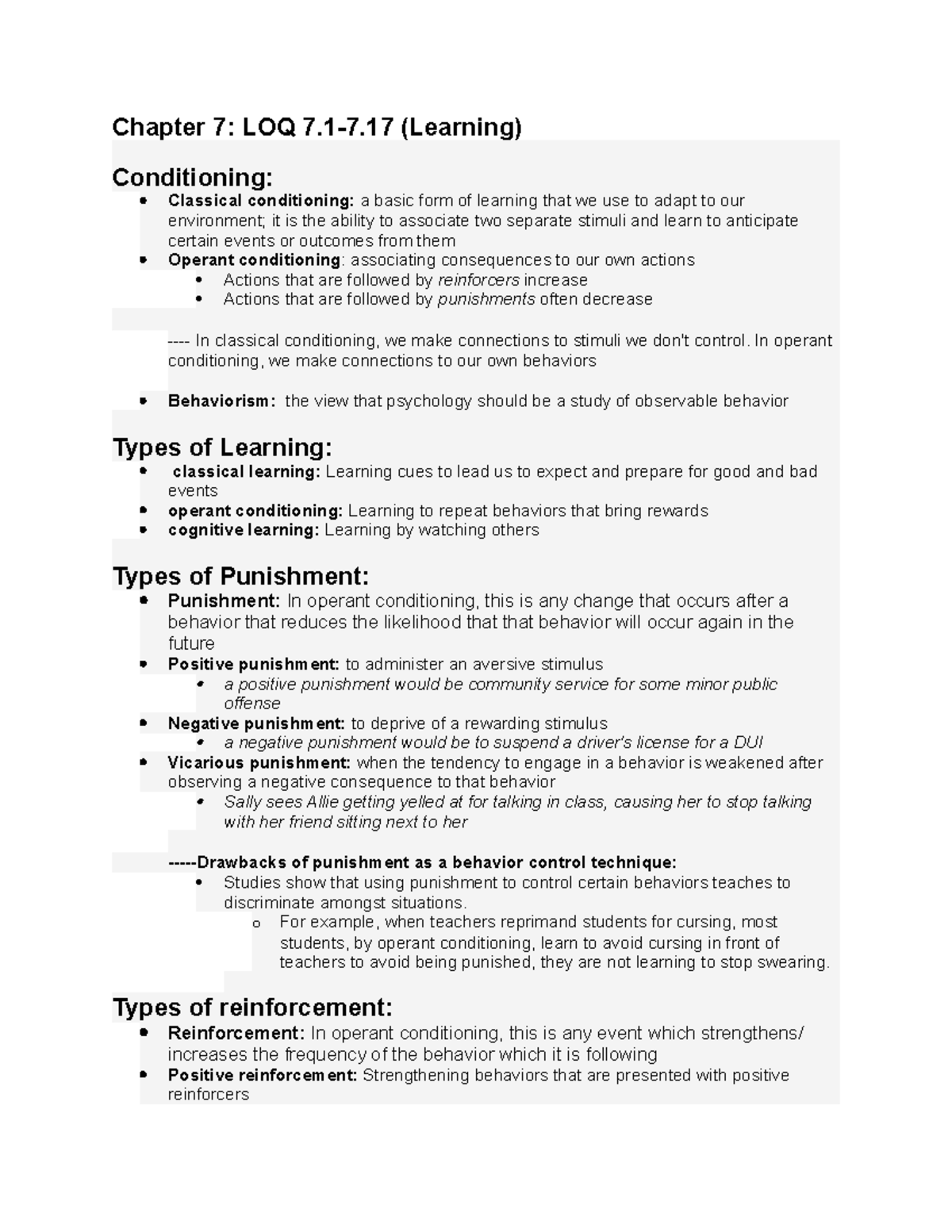 Psychology Final Notes - Chapter 7: LOQ 7.1-7 (Learning) Conditioning ...