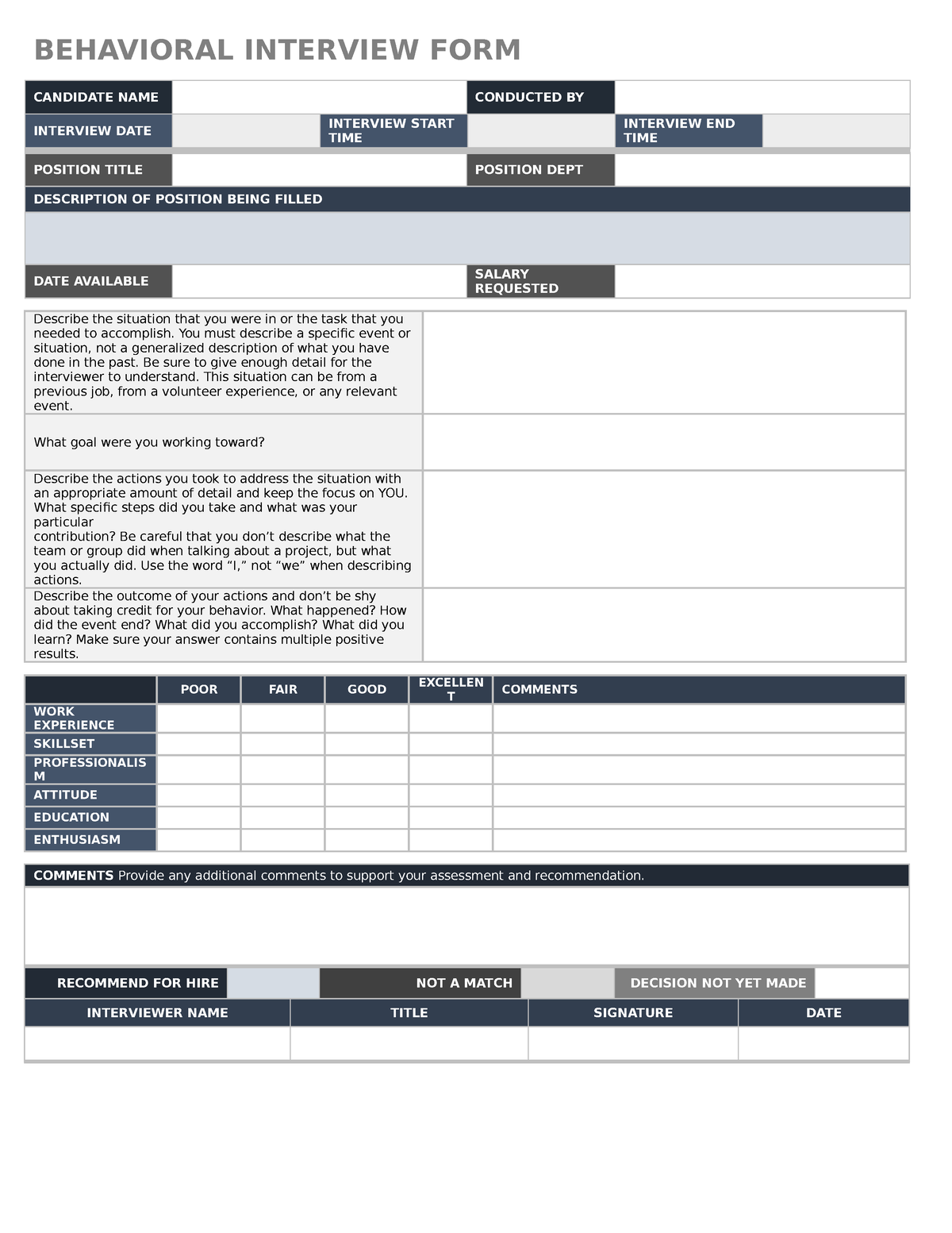 Behavioral Interview Form for Applicants - BEHAVIORAL INTERVIEW FORM ...