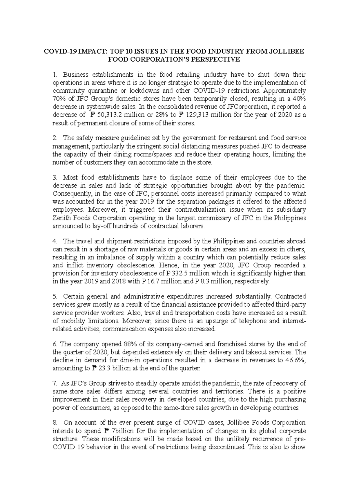 FOOD Industry Pandemic Issues COVID19 IMPACT TOP 10 ISSUES IN THE FOOD INDUSTRY FROM