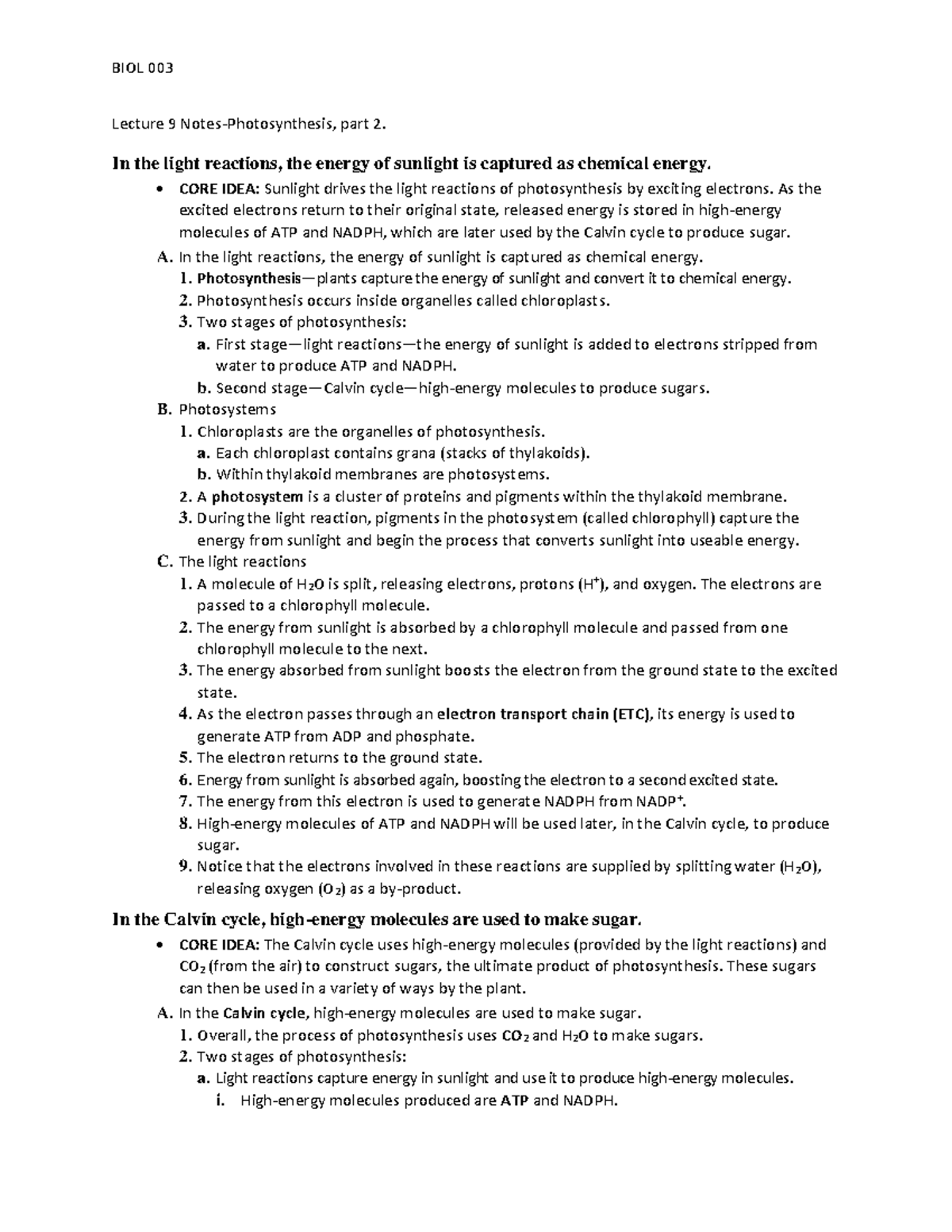 Lecture 9 Notes, Photosynthesis, part 2 - BIOL 003 Lecture 9 Notes ...