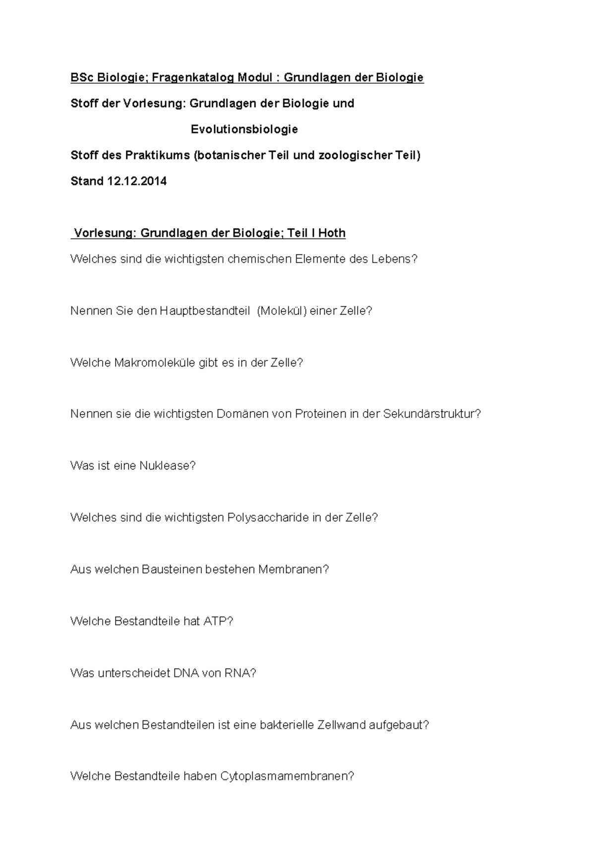 Probeklausur 12 Dezember 2014, Fragen - Fragenkatalog- Stand 12.12.2014 - B...