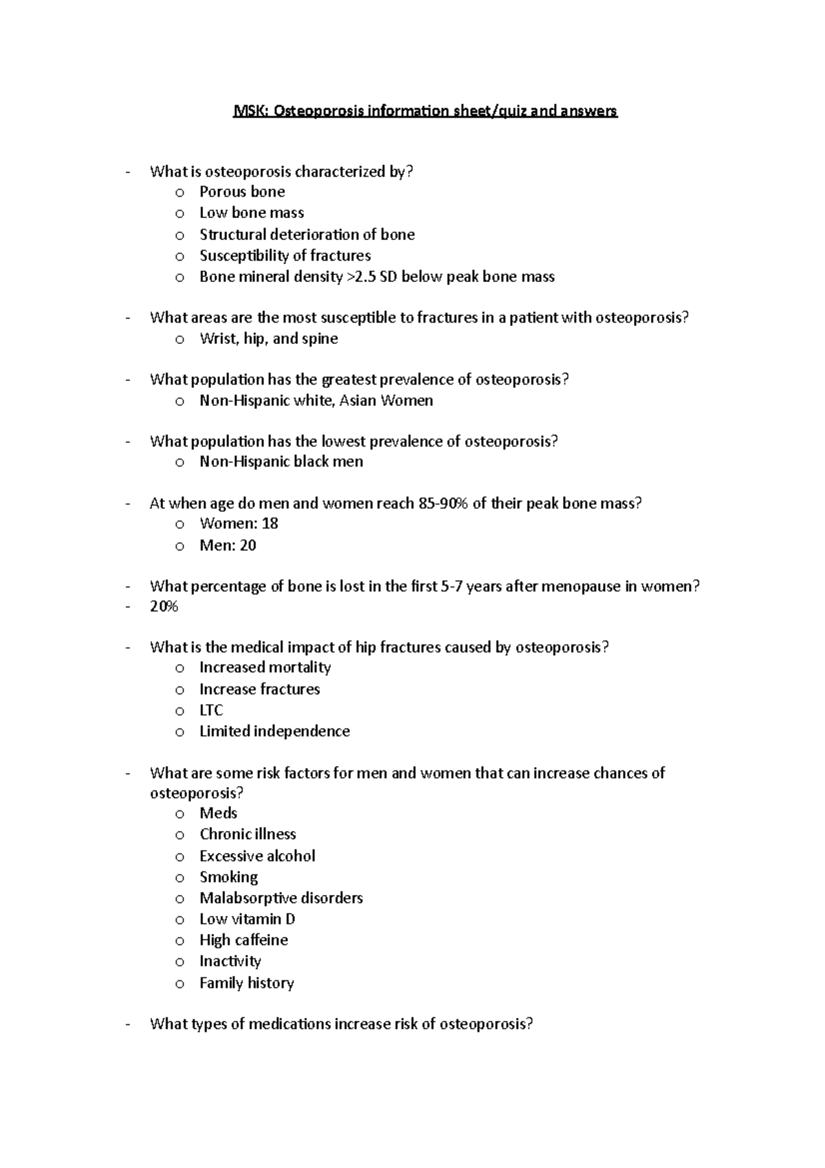 MSK Osteoporosis information sheetquiz and answers MSK