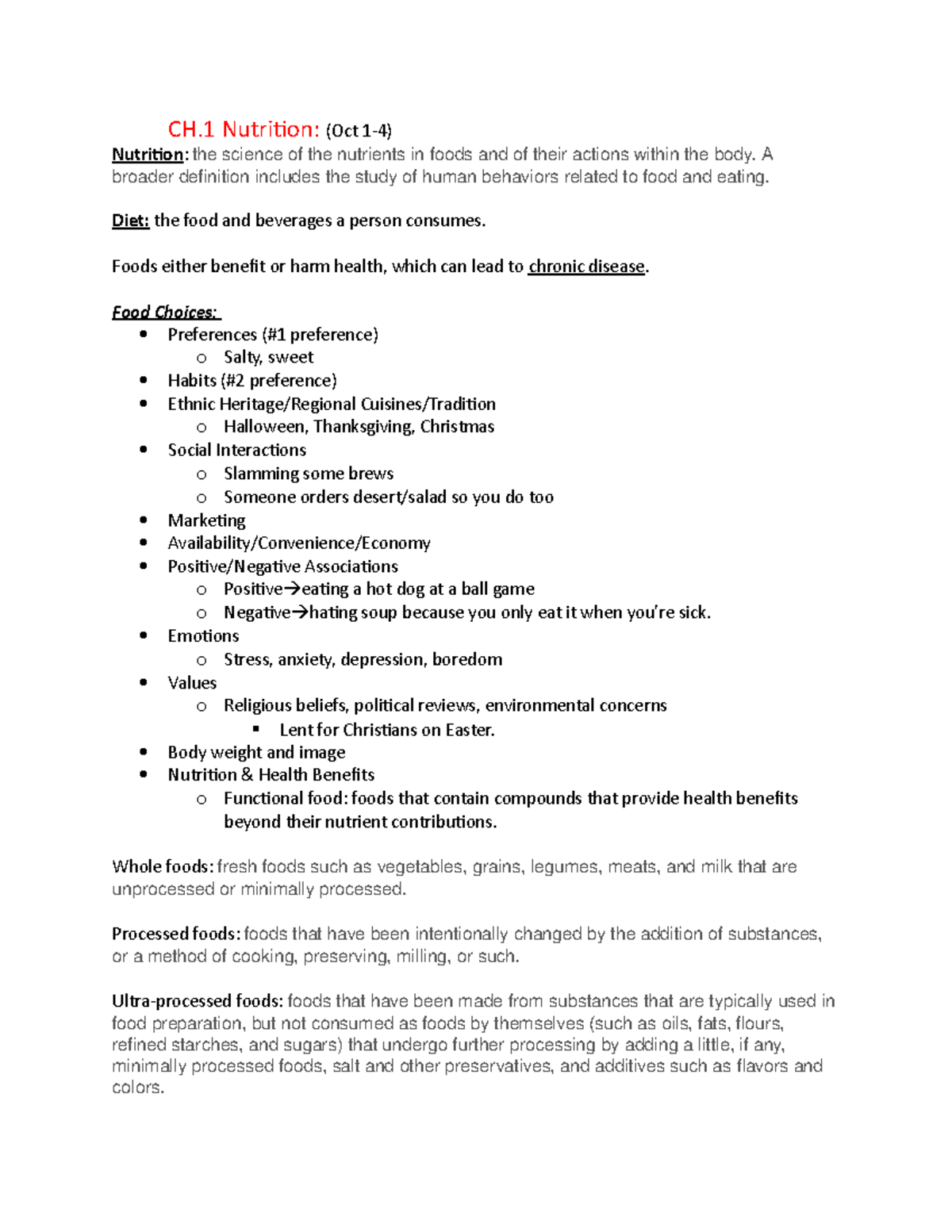 Ch. 1 - chapter 2 notes - CH Nutriion: (Oct 1-4) Nutriion : the science ...