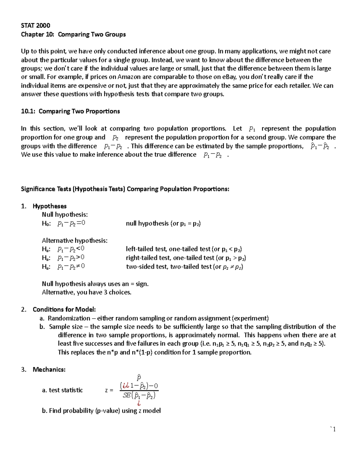 Comparing Two Groups in STAT Chapter 10 - Studocu