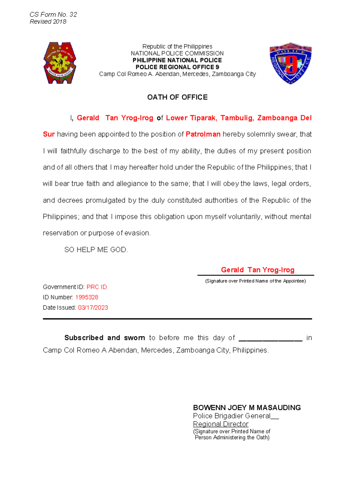 Oath of Office et3qt3q CS Form No. 32 Revised 2018 Republic of the