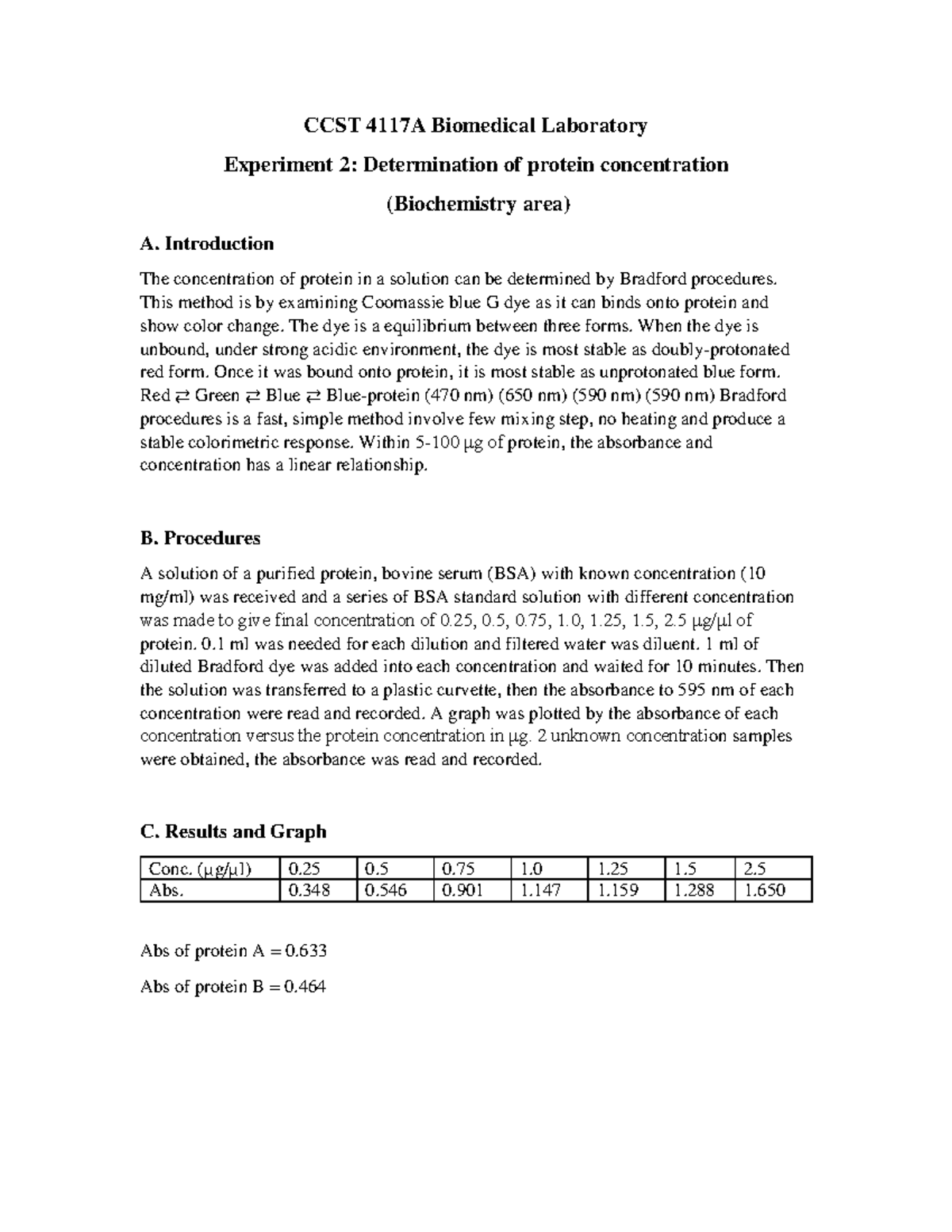 Determination Of Protein Concentration Biochemistry Bio0001 HKU