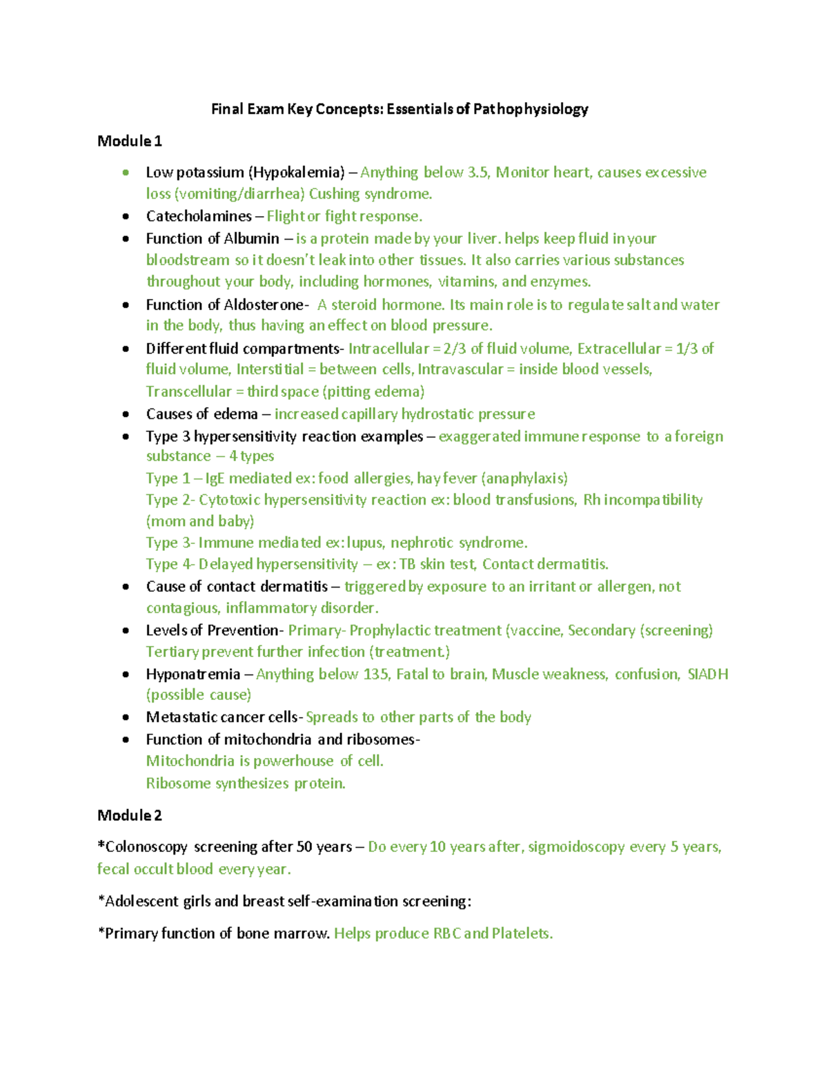 Final Exam Key Concepts Patho 2 - Final Exam Key Concepts: Essentials ...