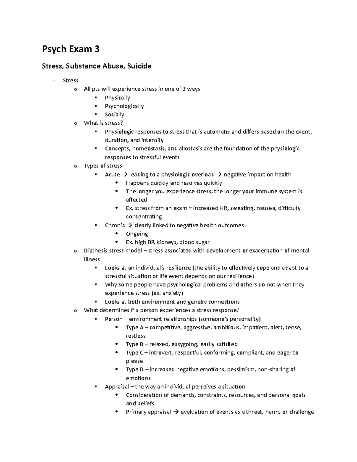 Psych Exam 3 Studyguide - Psych Exam 3 Stress, Substance Abuse, Suicide ...