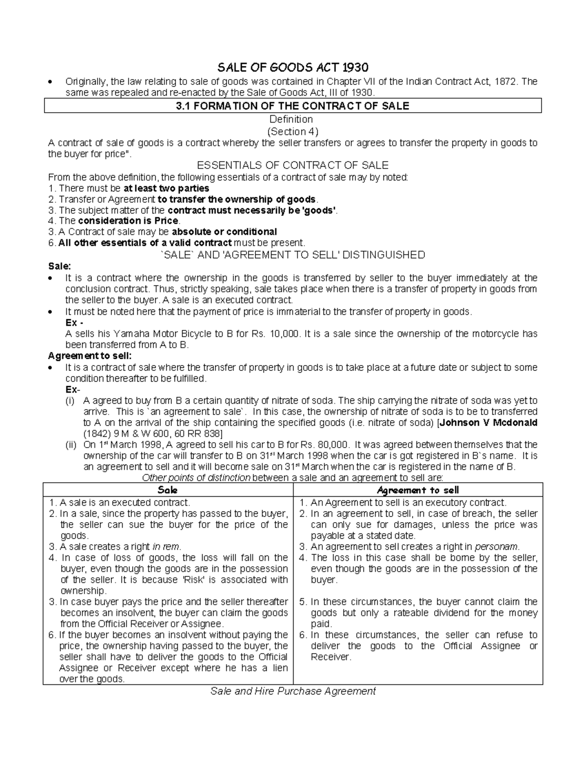 Sale of Goods - Lecture notes for corporate law - SALE OF GOODS ACT ...