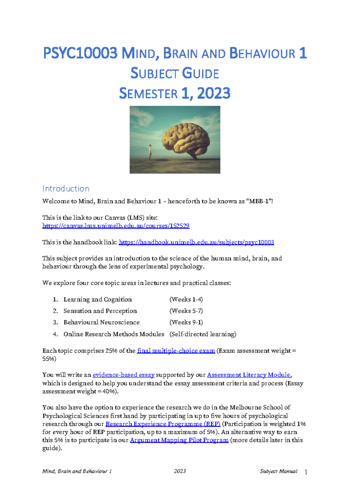 MBB1 Subject Guide - PSYC 10003 MIND, BRAIN AND BEHAVIOUR 1 SUBJECT ...