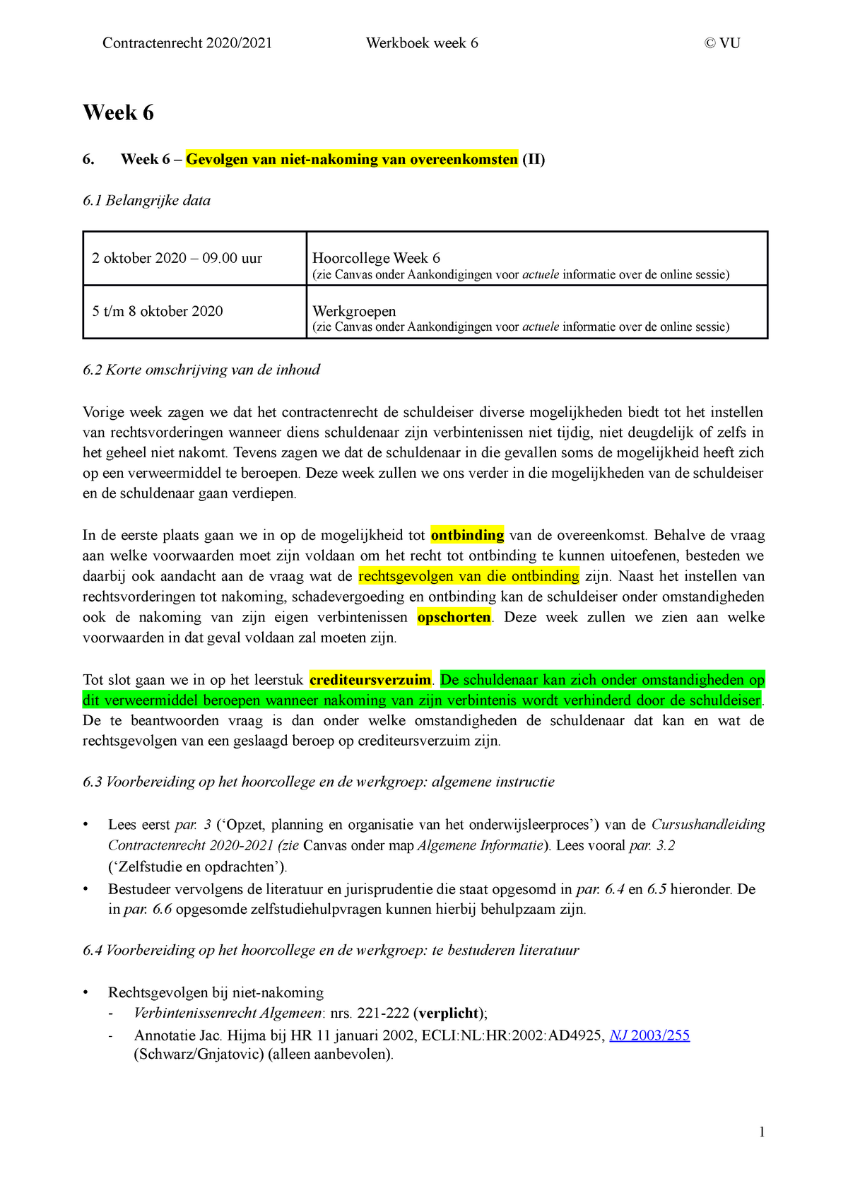 Werkgroep 6 Contractenrecht - Contractenrecht 2020/2021 Werkboek Week 6 ...