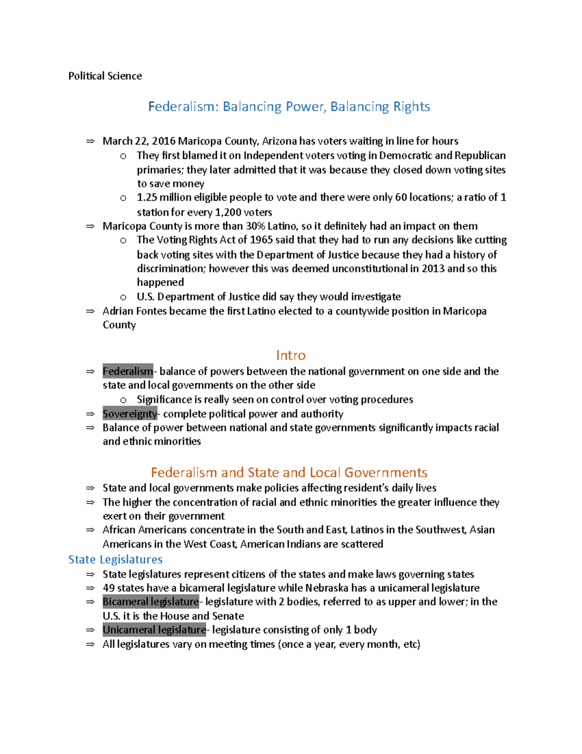 Political Science Chapter 3 Notes.docx - Political Science Federalism ...